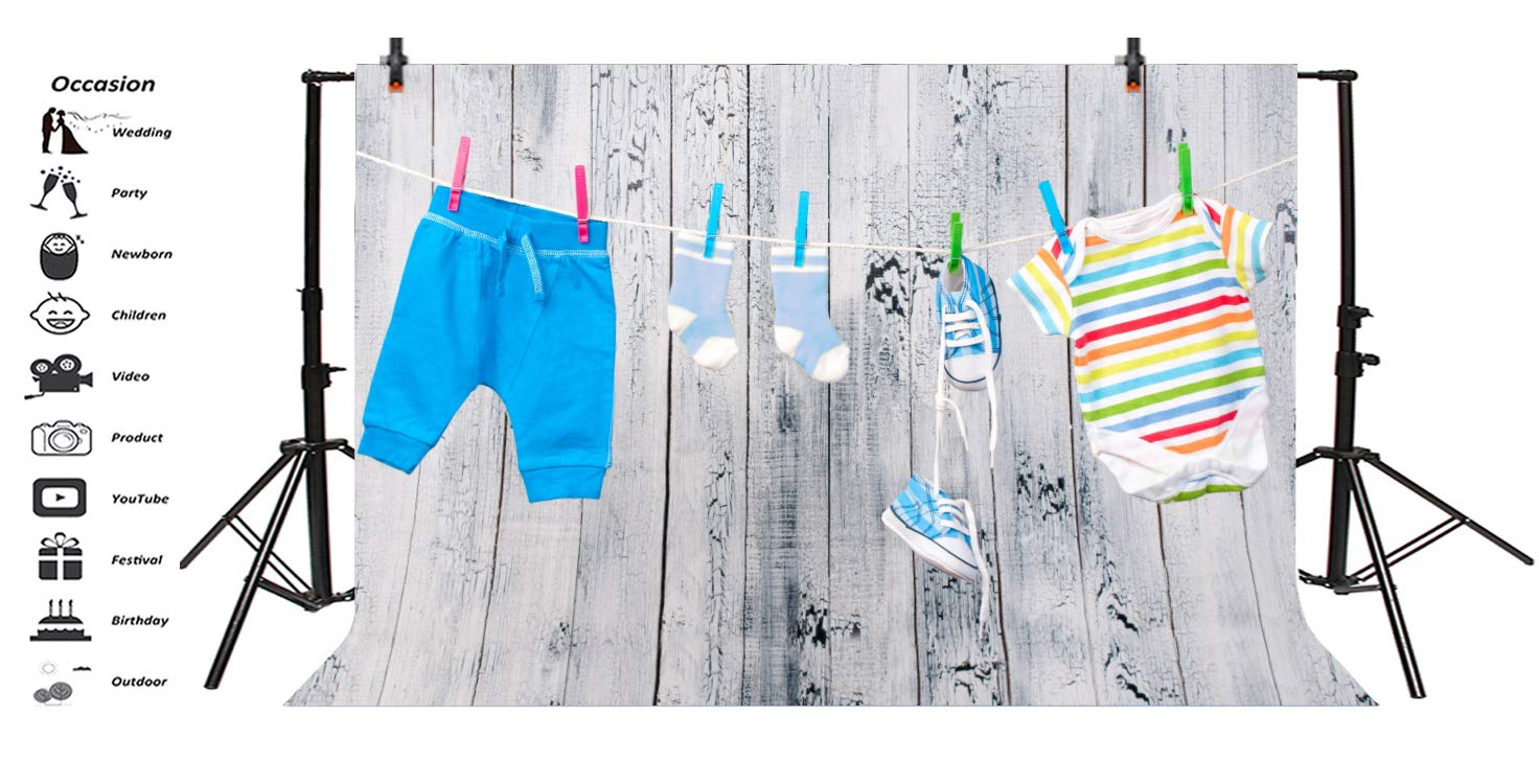 10x7ft Baby Shower Backdrop for Boys - Wooden Plank Photography Background with Kids Clothes, T-Shirt, Pants & Shoes - Perfect for Newborn Birthday Parties, Studio Props & Video Drapes