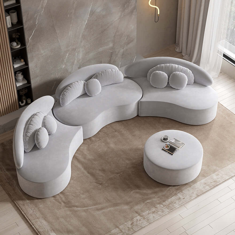 Modern 7-Seat Round Sectional Sofa with Ottoman & Pillows - Beige Velvet Upholstered Living Room Furniture for Family Gatherings and Home Entertainment