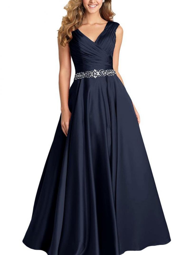 Elegant V-Neck Pleated Satin Prom Dress with Beaded Details - Long Formal Evening Gown for Women - Perfect for Homecoming, Prom Night & Special Occasions