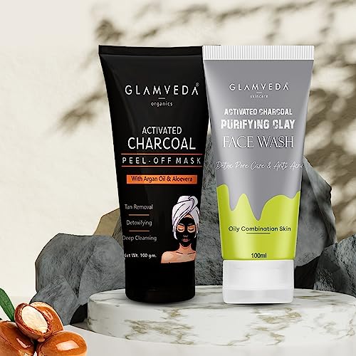 Glamveda Activated Charcoal Detox Combo Set - Brightening Peel Off Mask & Face Wash for Tan Removal, Blemish & Dark Spot Treatment | 2-Piece Skincare Kit for Glowing Skin | Perfect for Daily Cleansing & Weekly Deep Detox