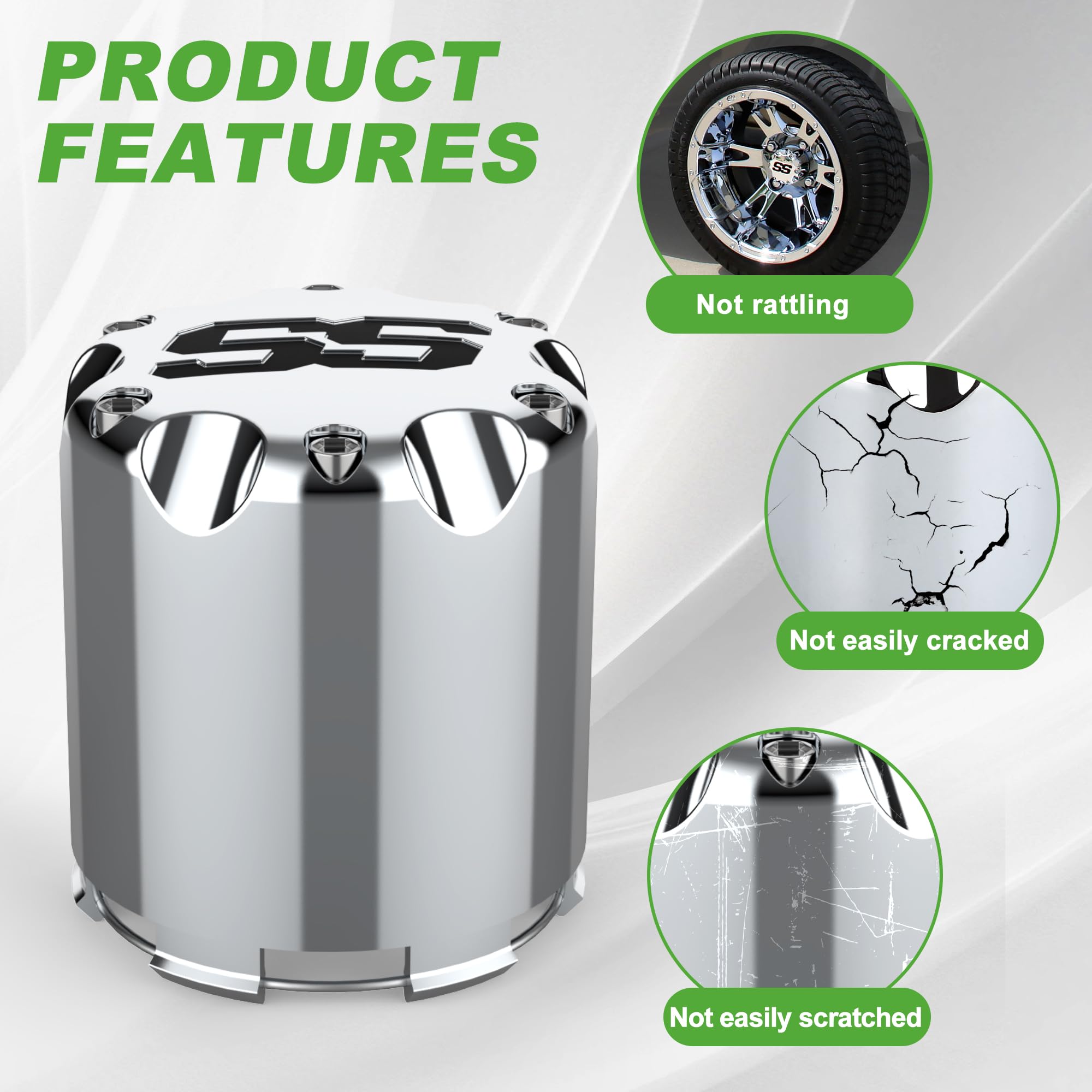 10L0L Golf Cart Wheel Center Caps - SS Chrome Push-In Style Hubcaps, Universal Fit for Yamaha, EZGO, Club Car & More - 4 Pack - Dust Cover for Enhanced Protection (Perfect for Golf Course, Resort & Neighborhood Use)