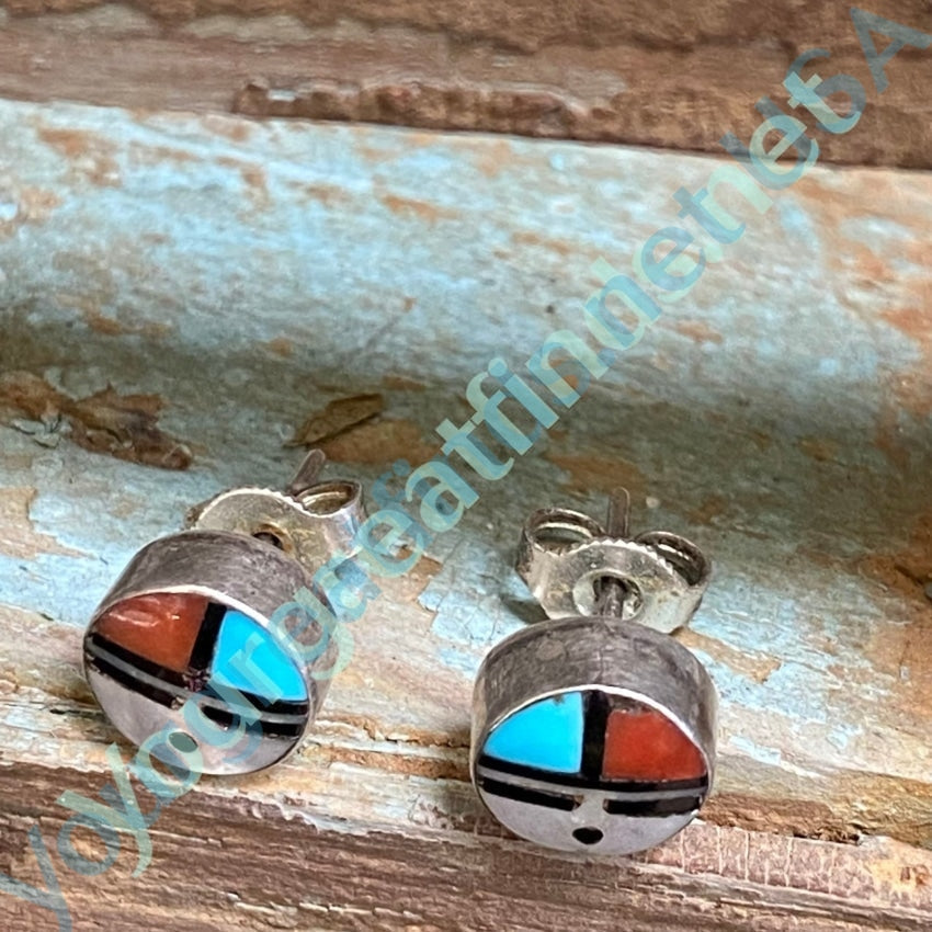 Vintage Sterling Silver Tiny Zuni Sun God Pierced Stud Earrings - Handmade Native American Jewelry for Women, Perfect for Casual Wear & Boho Fashion