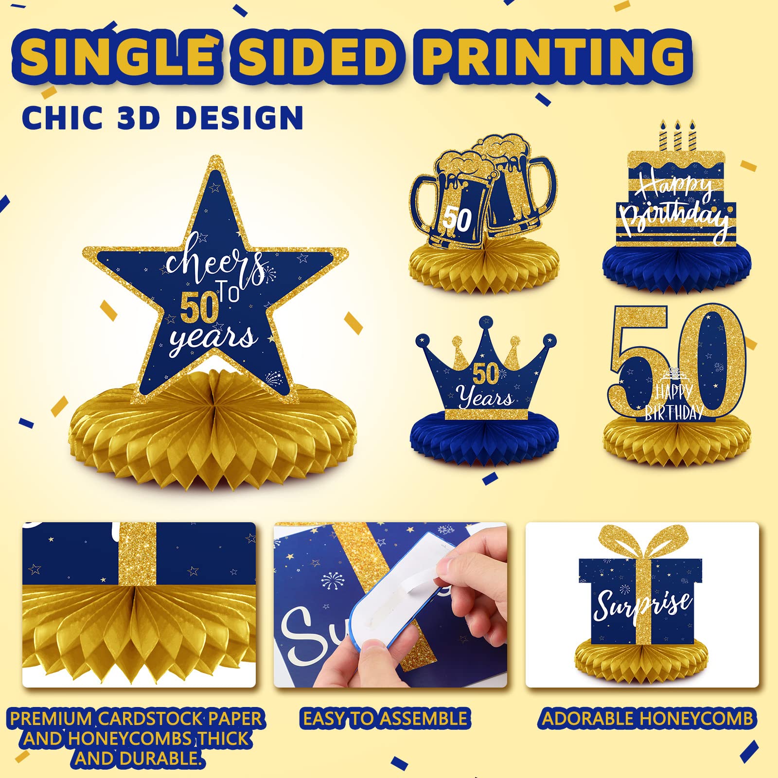 8-Piece 50th Birthday Party Decor Set - Glitter Blue & Gold Honeycomb Centerpieces for Tables - Golden Anniversary Decorations for Men & Women - Perfect for Milestone Celebrations, Retirement Parties & Anniversary Events