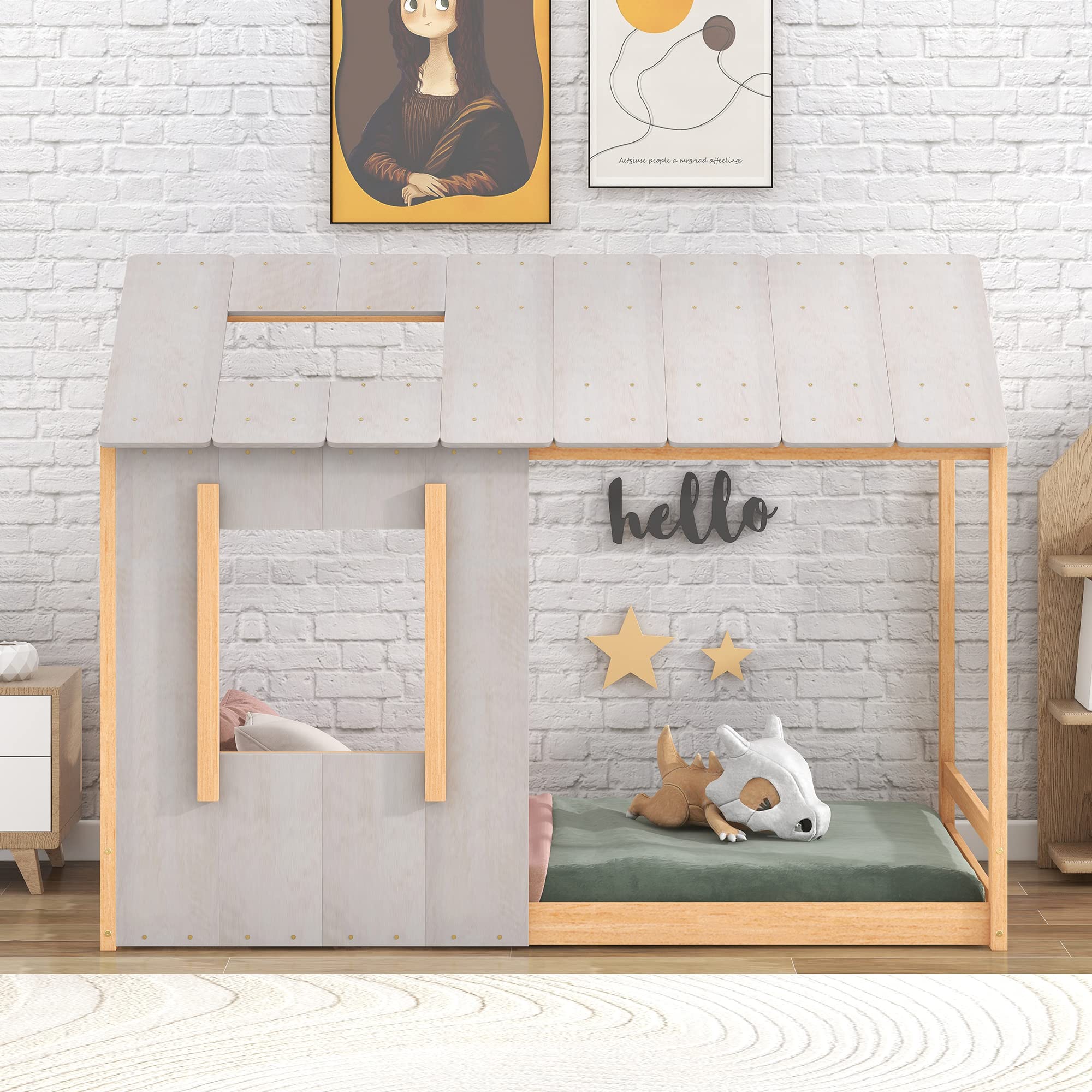 Montessori Twin Floor Bed for Kids - Wooden Cottage Style House Bed with Roof & Window - Rustic Cabin Playhouse Bed Frame for Girls & Boys - Natural & Antique White Finish - Perfect for Bedrooms, Playrooms & Montessori Learning Spaces