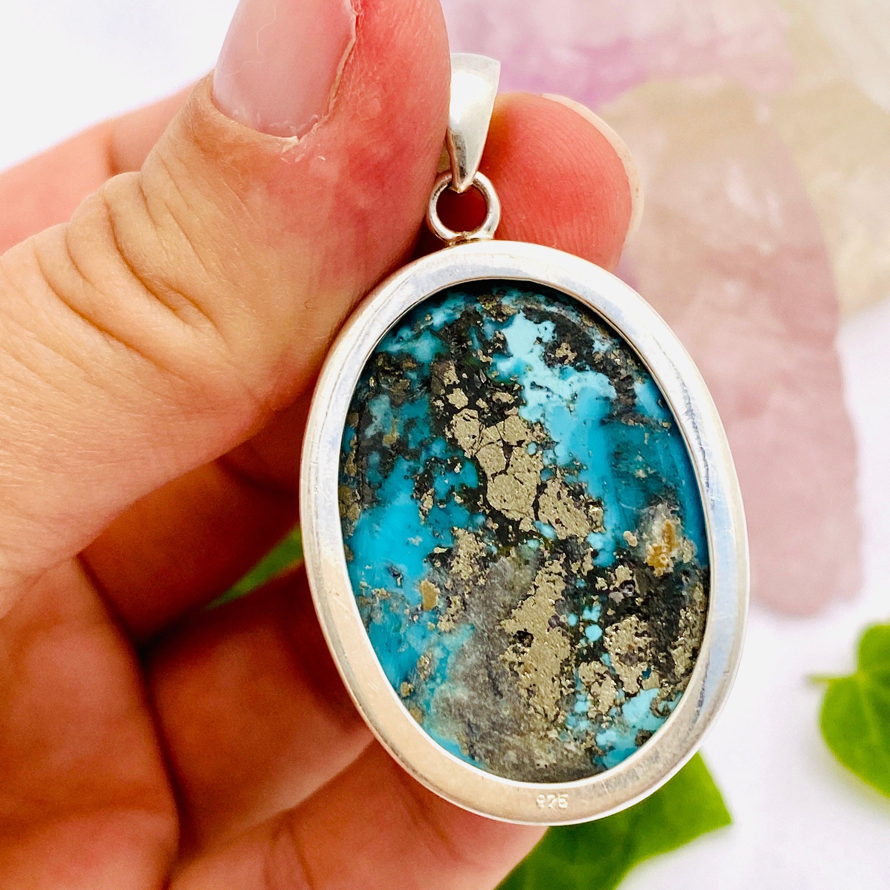 Natural Persian Turquoise & Pyrite Oval Cabochon Pendant KPGJ1712 - Handmade Jewelry for Women, Boho Chic Necklace, Perfect for Gifts & Everyday Wear