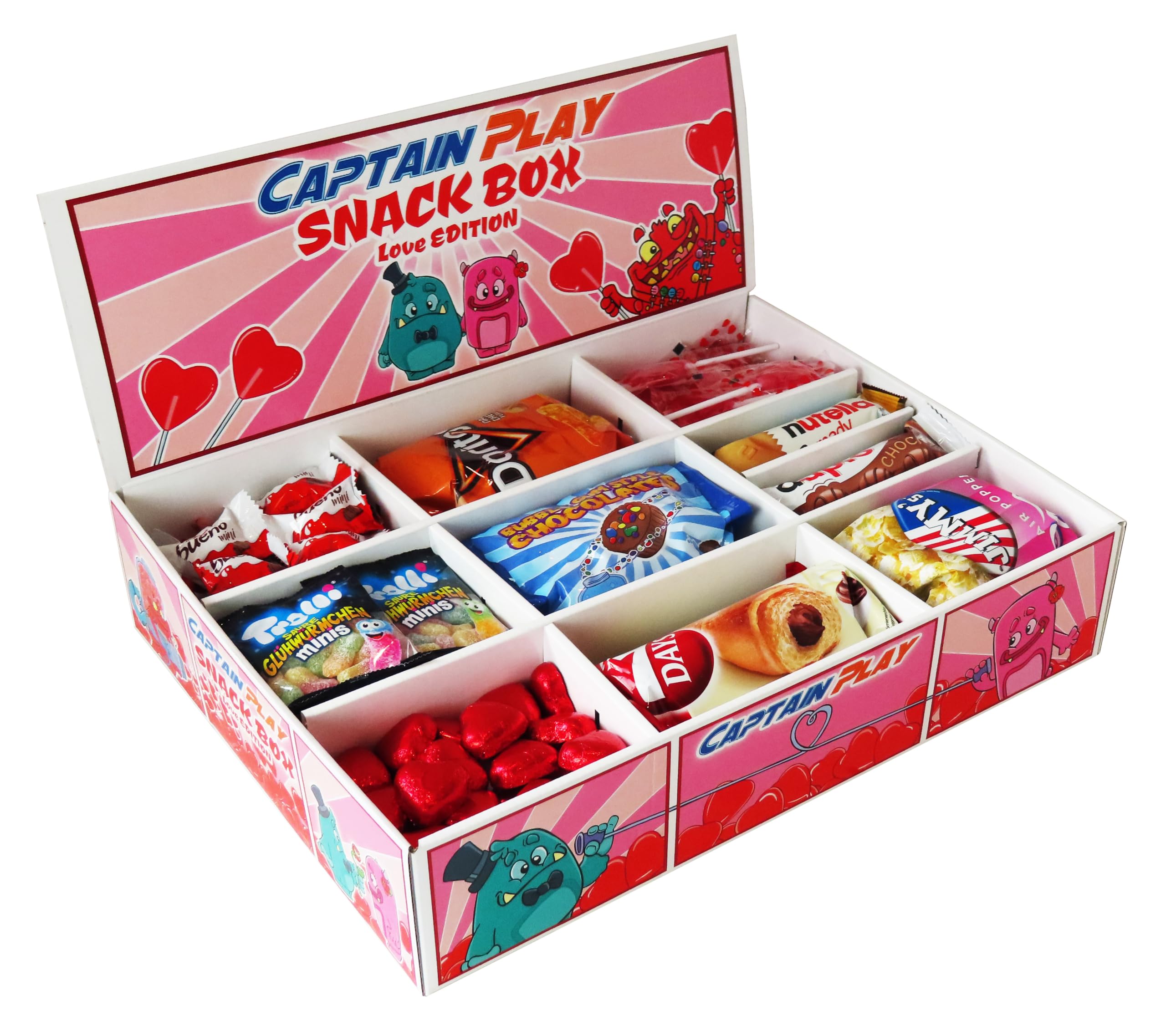 CAPTAIN PLAY | Love Edition Snack Box with Chocolate Bars, Candies & Treats | 2.3kg Candy Gift Box for Valentine's Day, Anniversary & Romantic Surprises