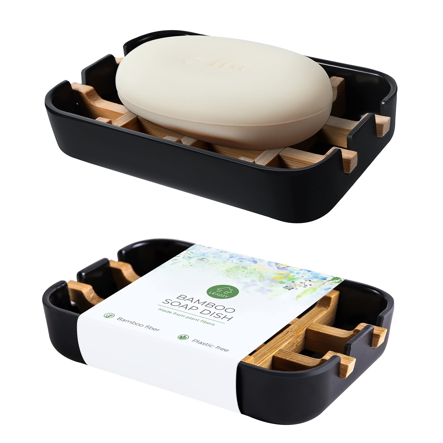 Black Bamboo Soap Dish Holder for Bar Soap - Bathroom & Shower Organizer with Drainage - Perfect for Sink, Countertop, and Shower Stall Use