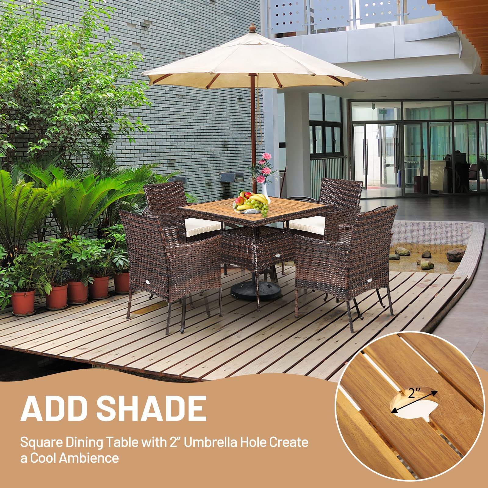 Tangkula 5-Piece Wicker Patio Dining Set - Acacia Wood Outdoor Furniture with 4 Arm Chairs & 1 Table, Rattan Conversation Set with Cushions & Umbrella Hole - Perfect for Backyard, Garden, Porch, Poolside & Outdoor Entertaining