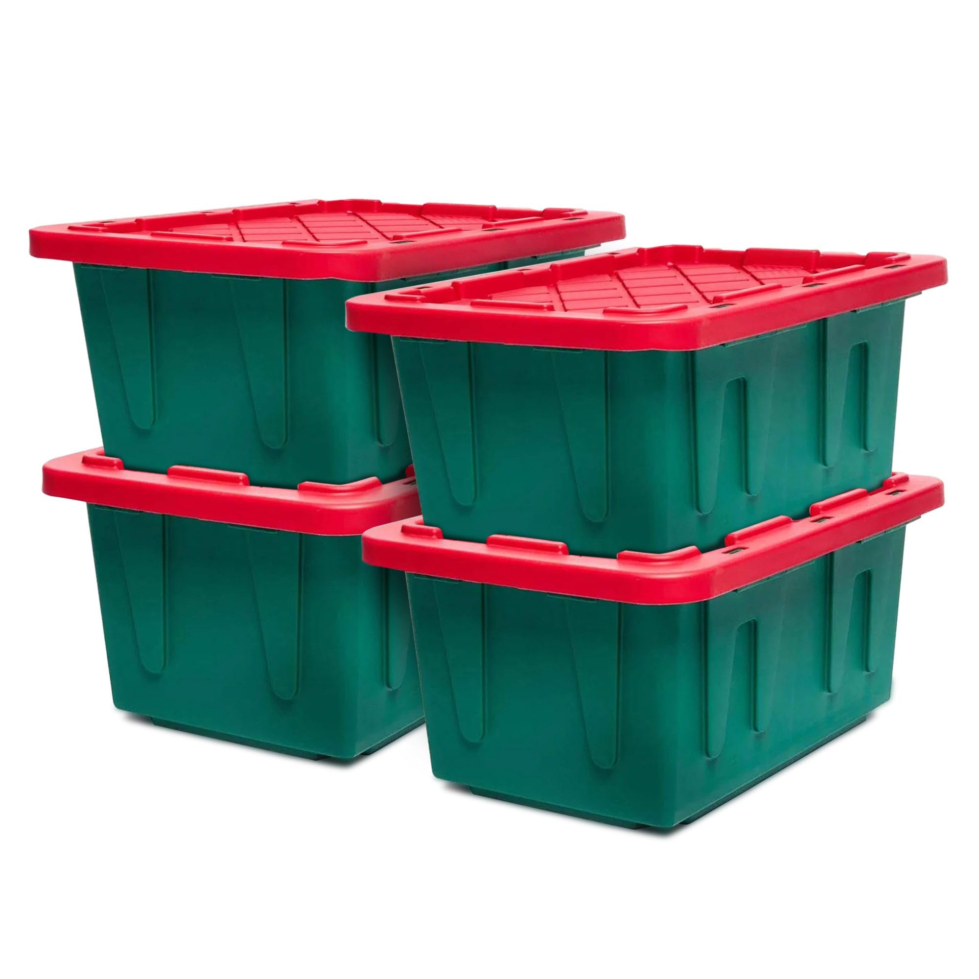 HOMZ 4-Pack 15 Gallon Heavy Duty Plastic Storage Bins with Lids - Durable Stackable Containers for Home Organization (Green/Red) - Perfect for Garage, Closet, and Office Storage Solutions