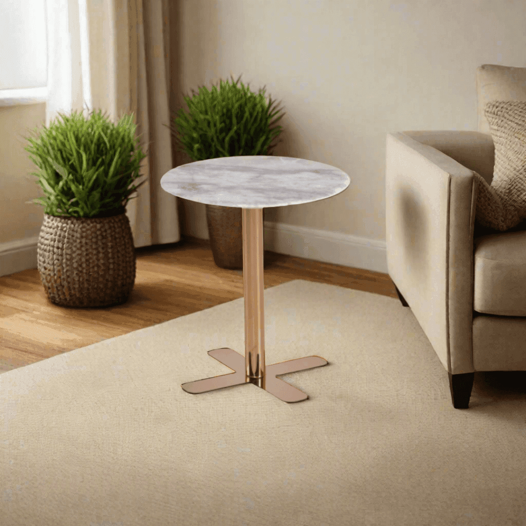 Gaia Cultured Marble Side Table with Rose Gold Base - Modern End Table for Living Room, Bedroom & Office - Elegant Accent Table for Home Decor