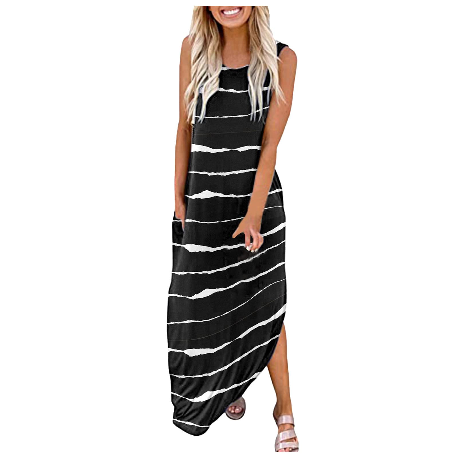 Women's Summer Maxi Dress - Sleeveless Long Sundress with Side Slit & Pockets | Beach Cover Up, Vacation Outfit, Boho Chic Dress for Outdoor Parties & Date Nights