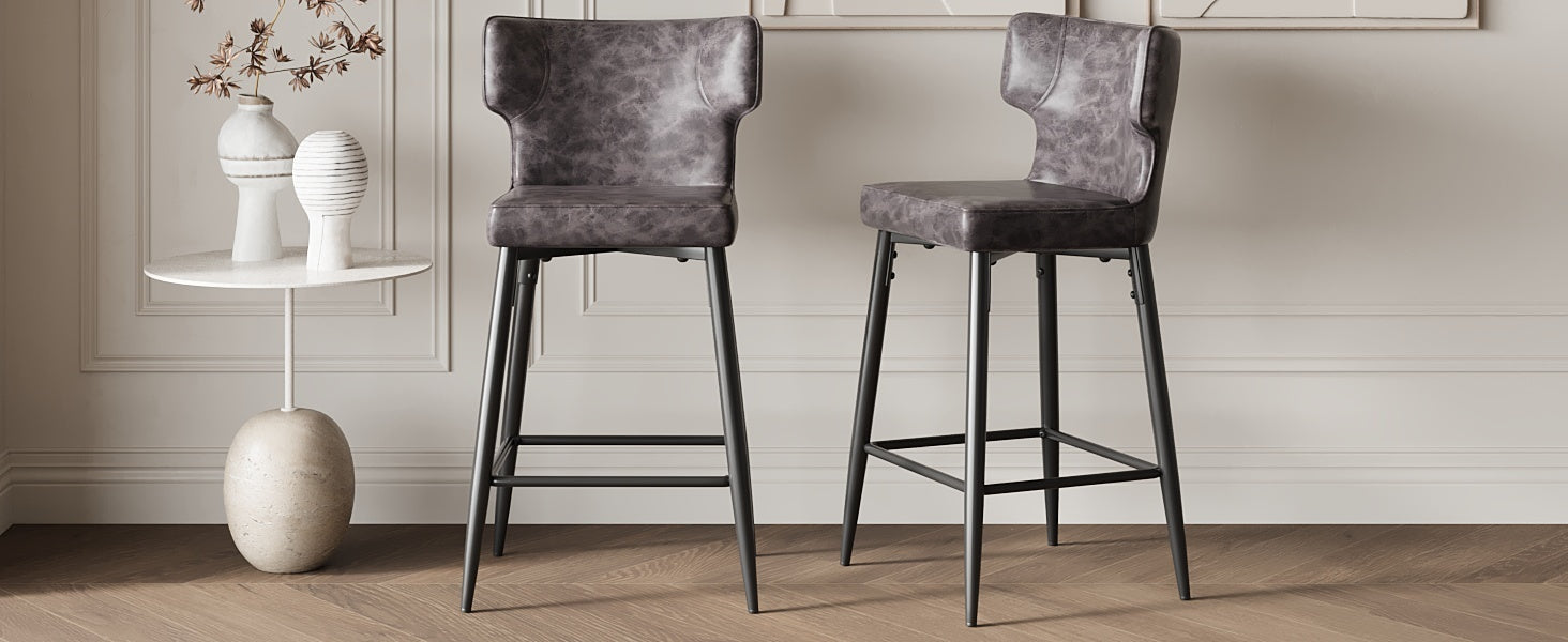 28 Inch Counter Height Bar Stools Set of 2 - Modern PU Leather Upholstered Bar Chairs with Metal Footrest & Sturdy Frame for Kitchen Island, Breakfast Bar, Dining Room - Black - Perfect for Entertaining, Small Spaces & Contemporary Home Decor