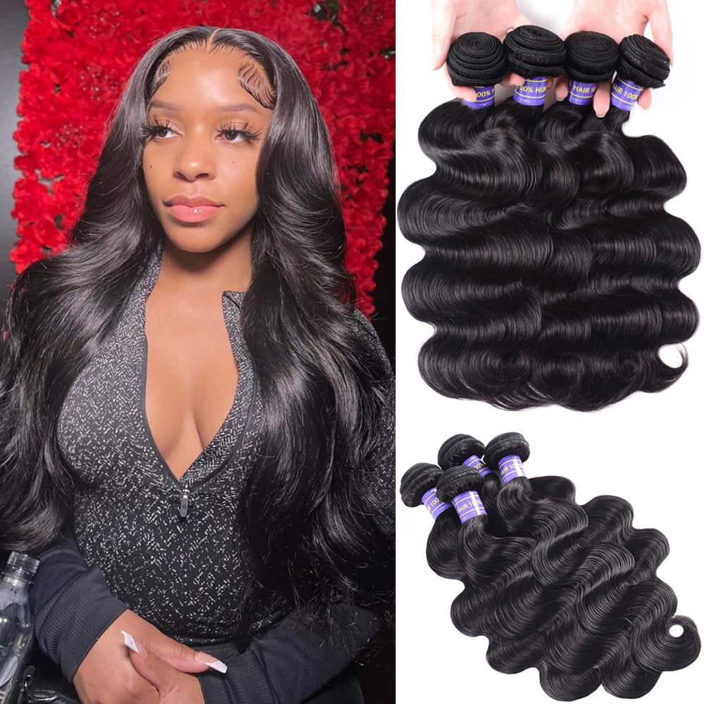12A Brazilian Virgin Human Hair Bundles 22-28 Inch Body Wave Hair Extensions 400g Unprocessed 4-Piece Set for Quick Weave - Natural Black Wavy Hair for Styling, Volume & Length - Perfect for Daily Wear, Parties & Special Occasions