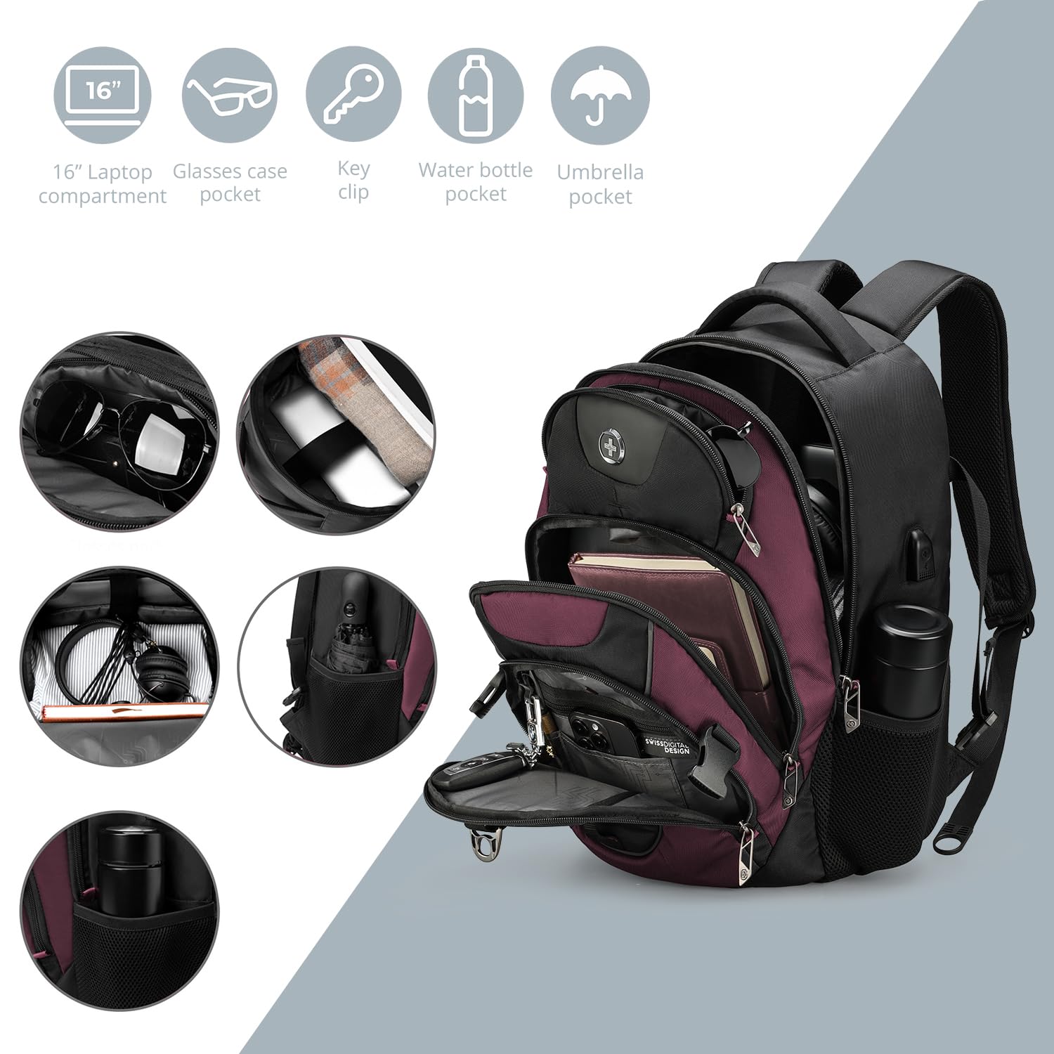 Swissdigital Business Laptop Backpack with USB Charging Port - Water Resistant Travel Backpack for 15.6 Inch Laptops - College Backpack for Men & Women (SD803-44 Angola Red/Black) - Perfect for Work, School & Business Travel
