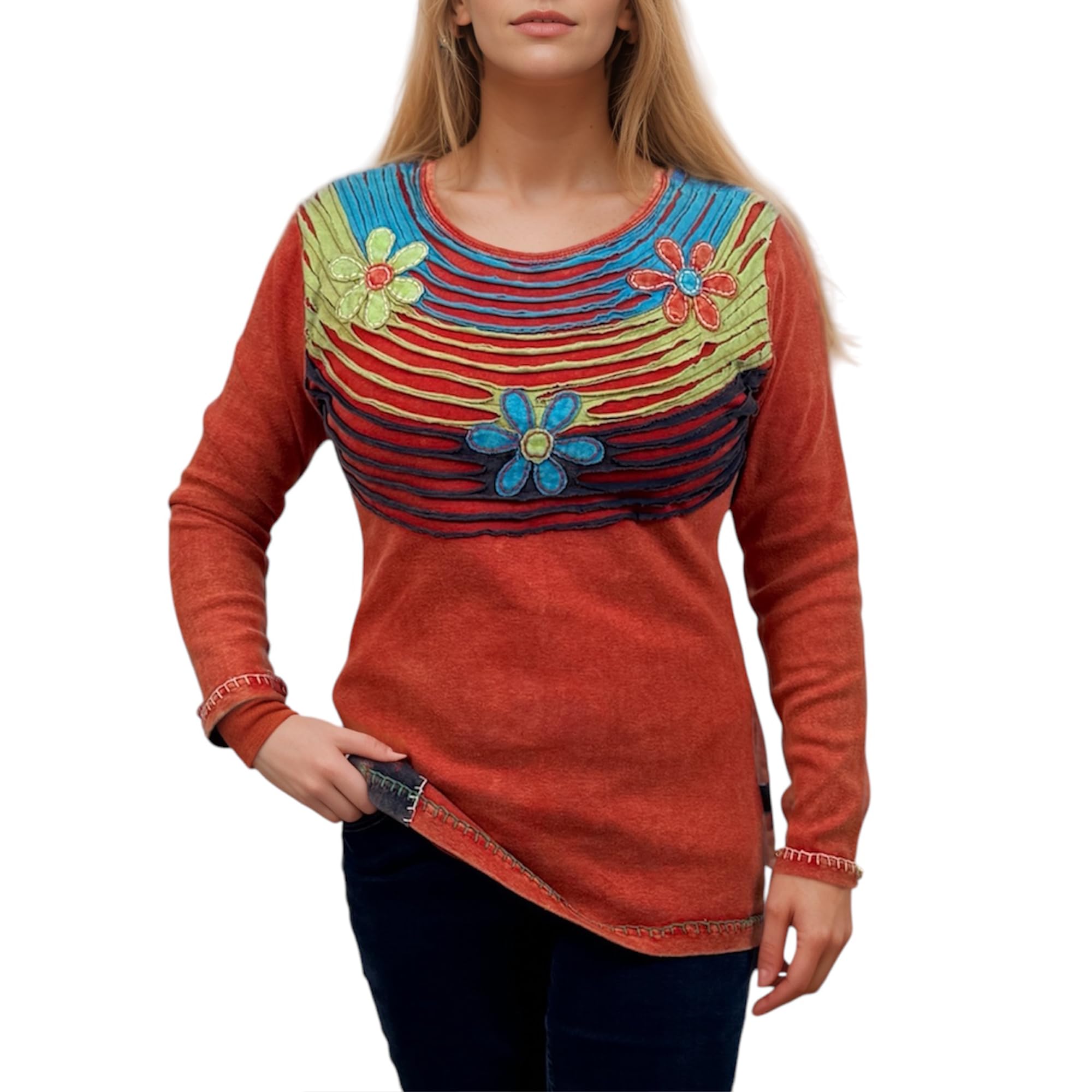 Agan Traders 2025 Spring Gypsy Boho Rib Knit Distressed Stonewashed Long Sleeve Sweatshirt - Women's Casual Blouse for Streetwear, Music Festivals & Boho Chic Outfits