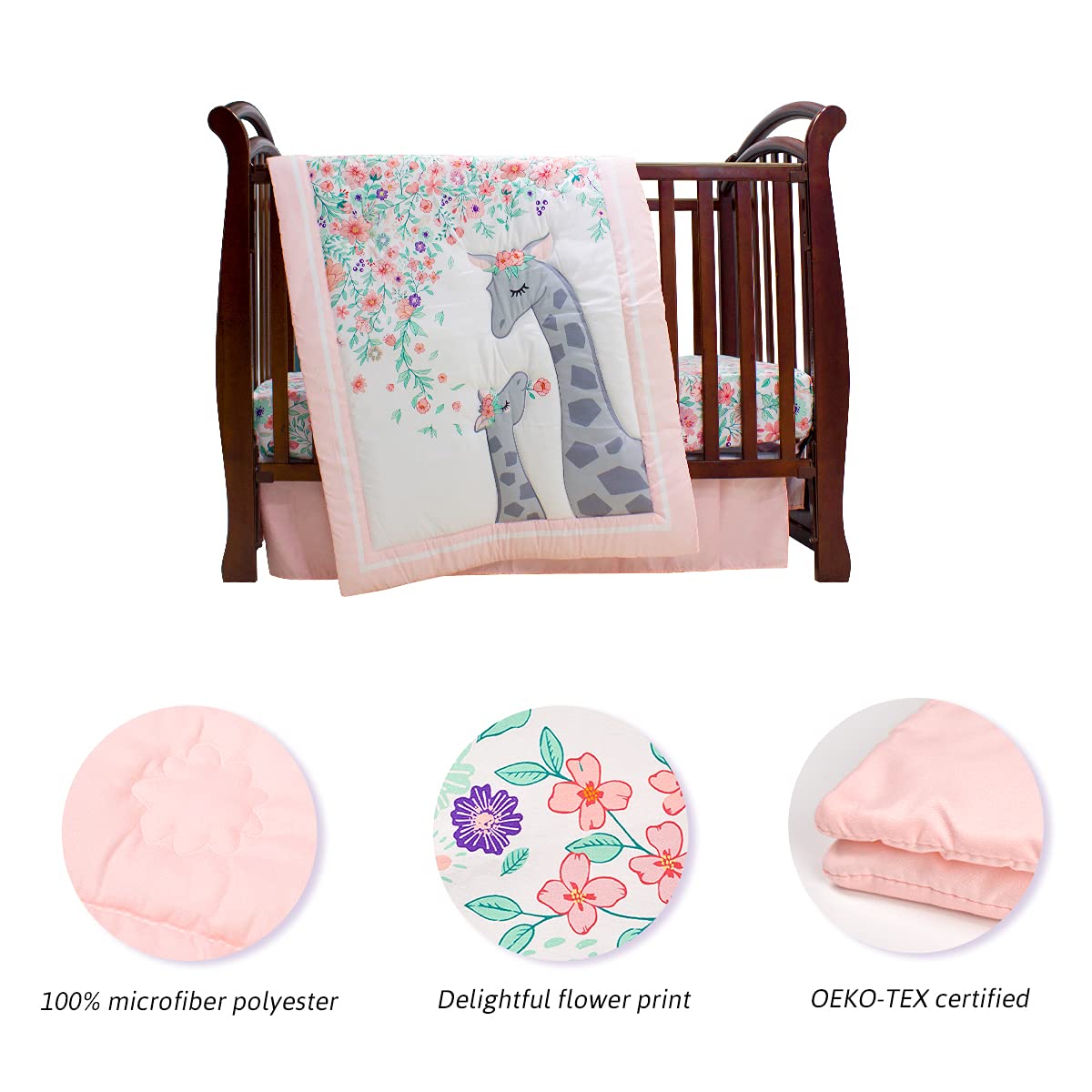 Pink and Grey Princess Baby Girl Crib Bedding Set - 3 Piece Mini Floral Nursery Crib Set for Girls | Soft & Safe Crib Sheets, Fitted Crib Skirt, Bumper | Perfect for Newborn Nursery, Baby Shower Gift, Toddler Bedroom Decor