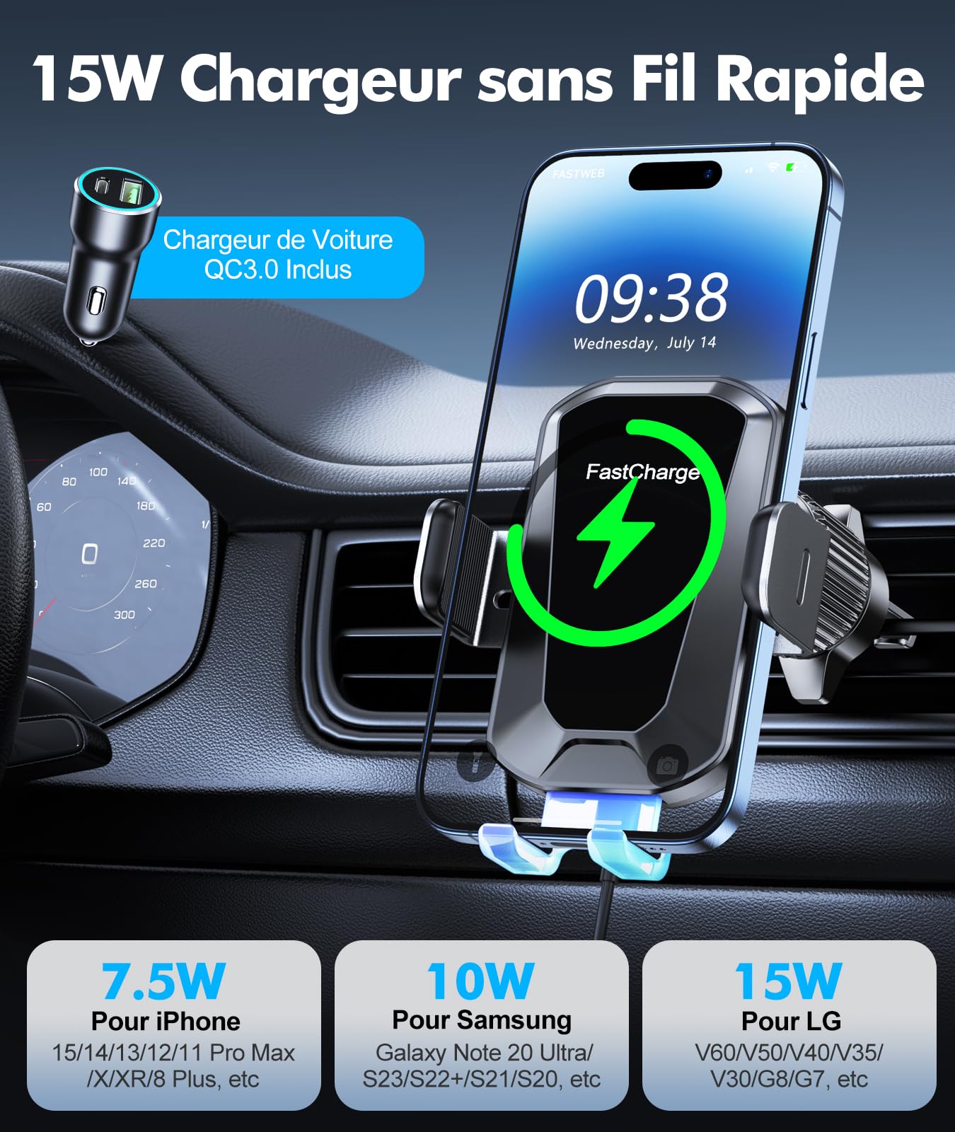15W Fast Wireless Car Charger with Auto Clamping & 360° Rotation - Compatible with iPhone 16 Pro Max/15/14/13/12 & Galaxy S24/S23/S22 - Perfect for Safe Hands-Free Charging While Driving