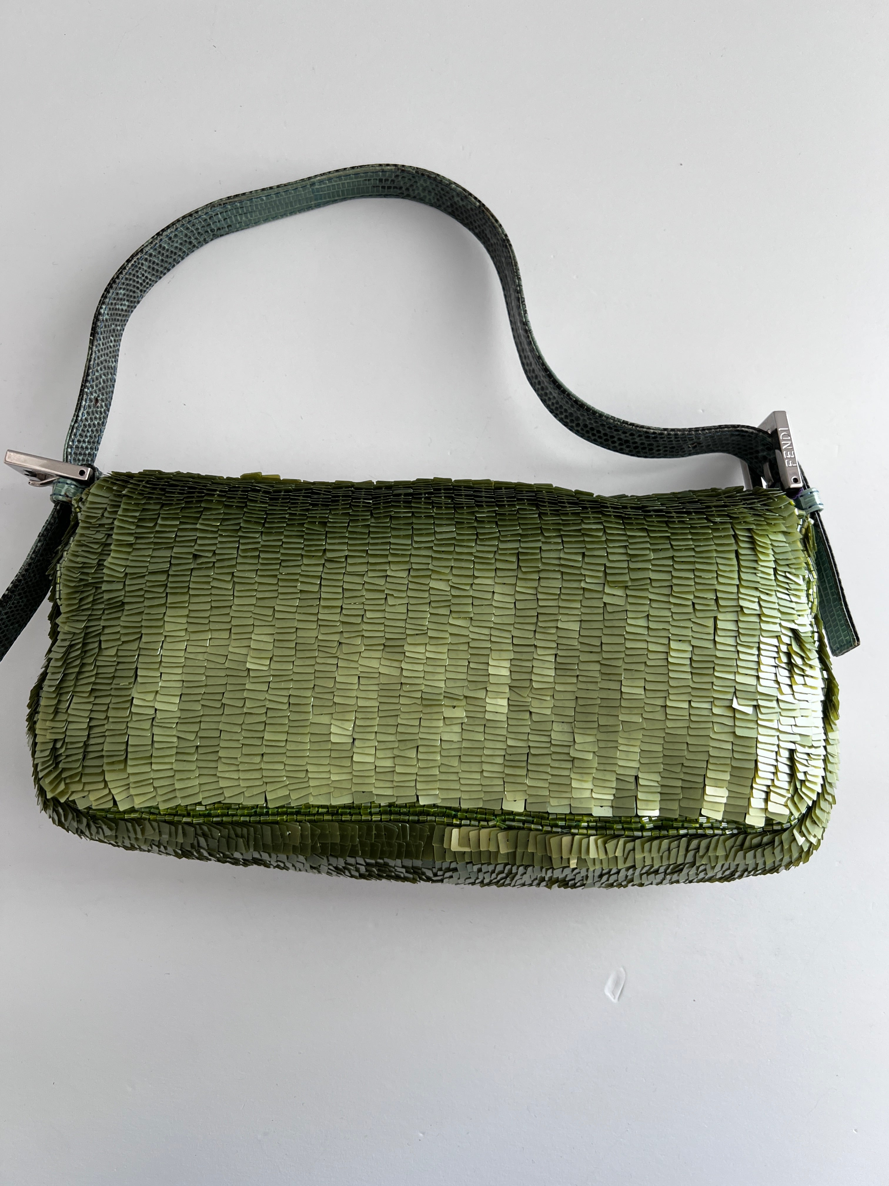 Vintage Fendi Green Sequin Baguette Bag - Luxury Designer Shoulder Bag for Women | Perfect for Evening Parties, Weddings & Special Occasions