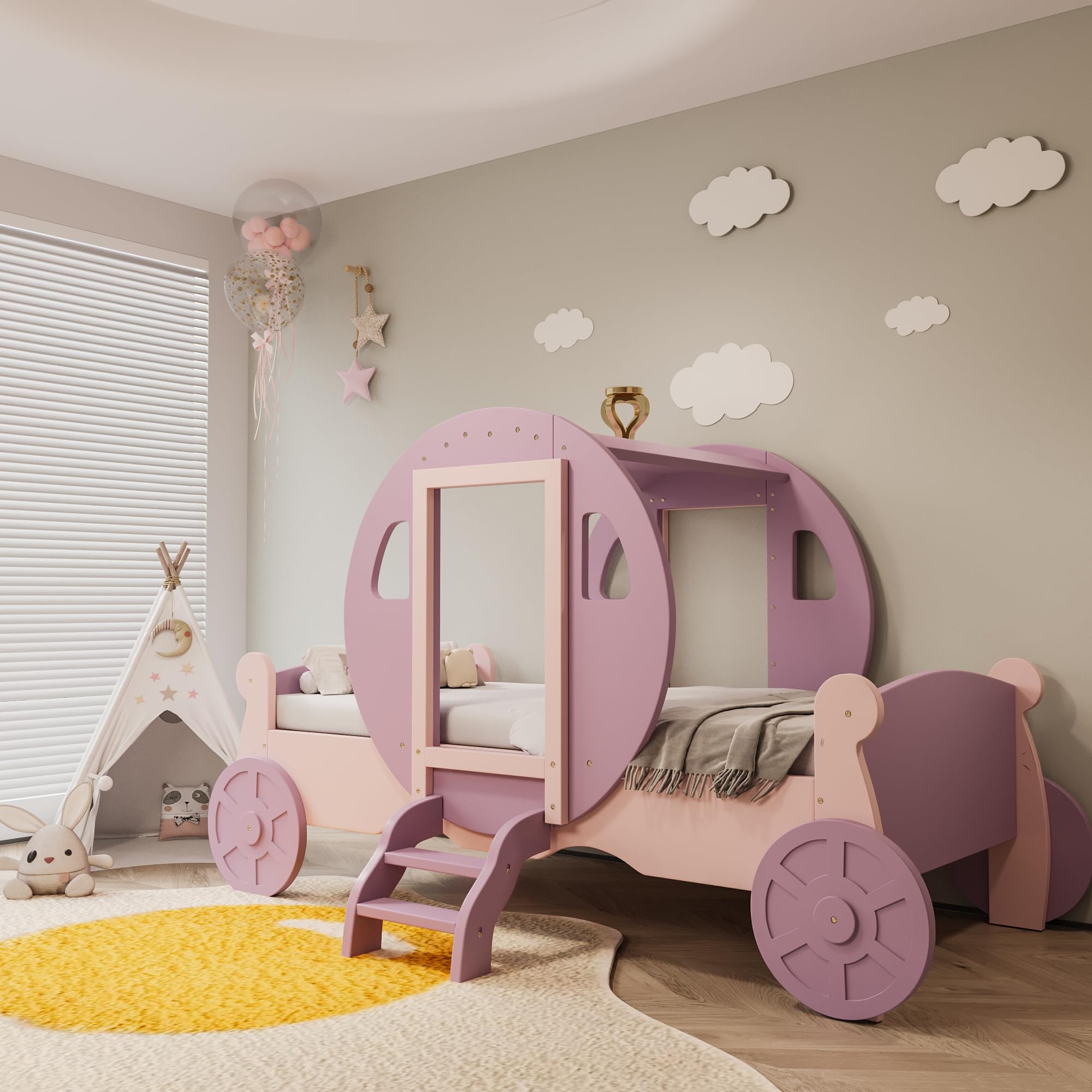 SOFTSEA Twin Size Wooden Princess Carriage Bed with Crown & Stairs for Girls & Boys - No Box Spring Needed (Purple & Pink) | Perfect for Kids' Bedrooms, Fairy Tale Themed Rooms & Princess Castle Decor