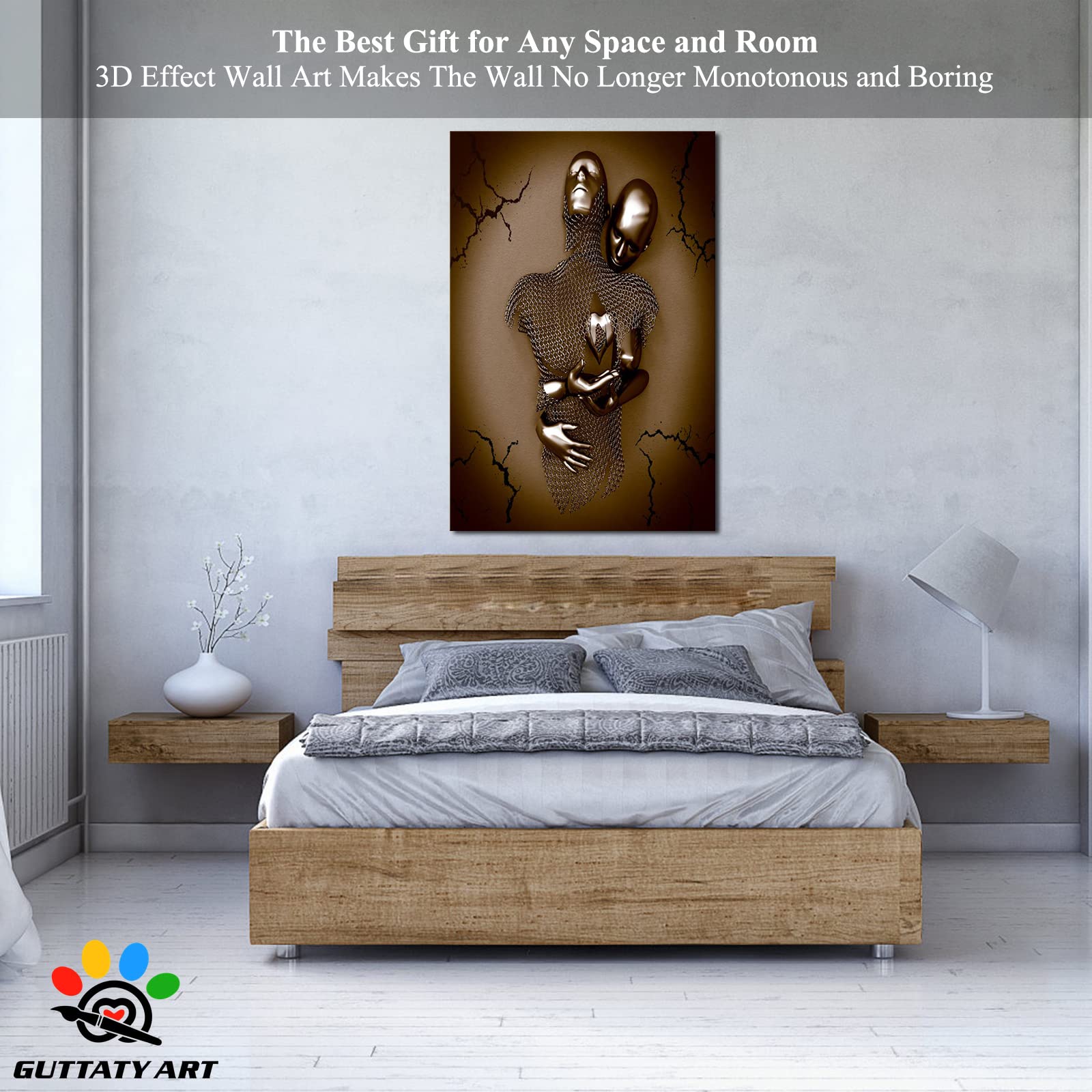 3D Metal Effect Canvas Wall Art - Love Heart Gray Brown 32x48 Inches | Modern Couples Bedroom Decor | Valentine's Day Gift | Living Room & Home Wall Decor
