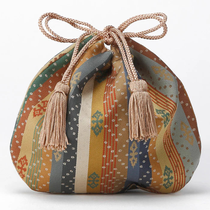 Nishijin Ori Small Drawstring Bag - Kyoto Japan Handmade Traditional Japanese Craft Purse with Stripe Pattern | Perfect for Gift, Coin Storage & Cultural Fashion Accessory