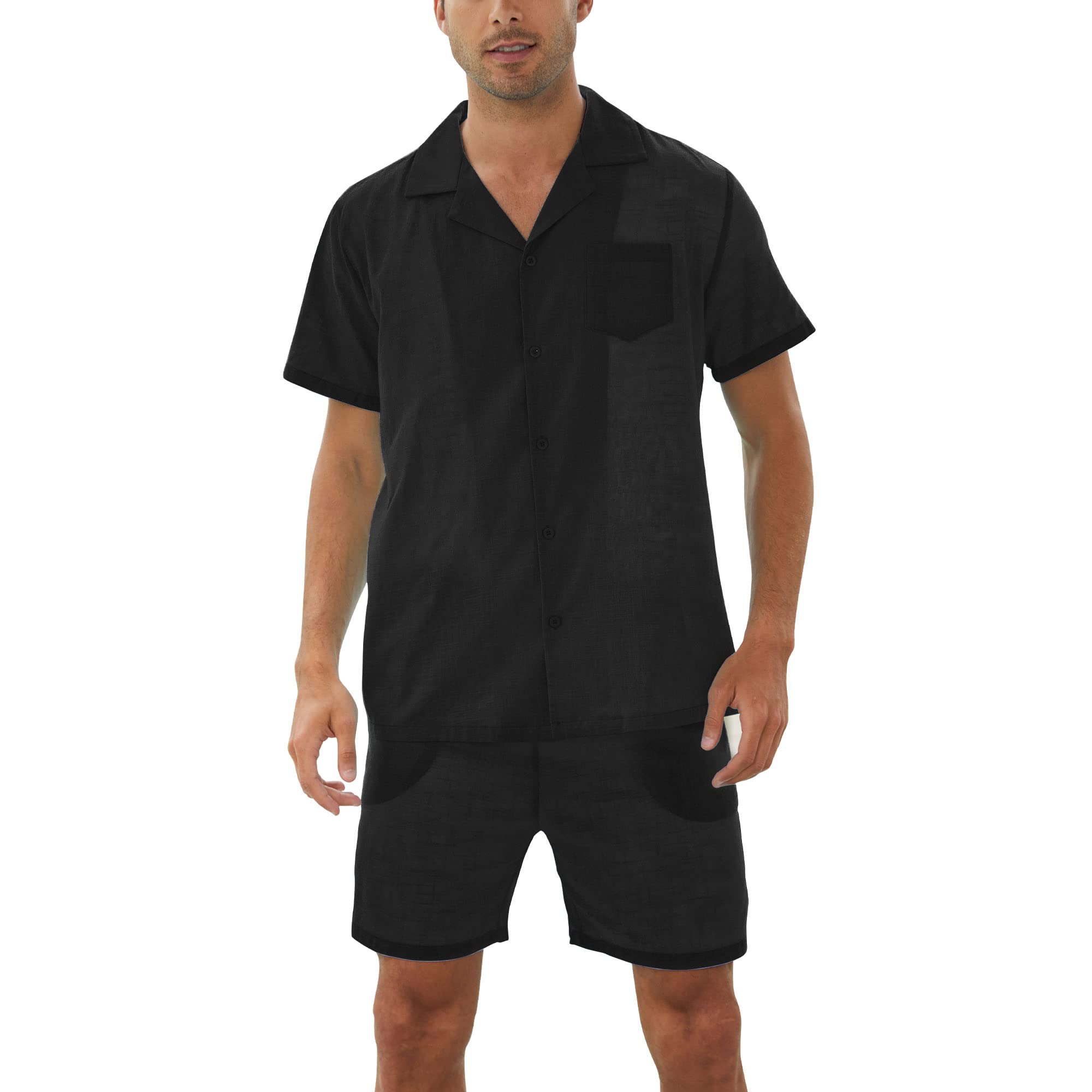 Fenxxxl Men's 2-Piece Linen Short Sleeve Button Down Shirt & Shorts Set - Breathable Summer Outfit for Beach, Vacation & Casual Wear