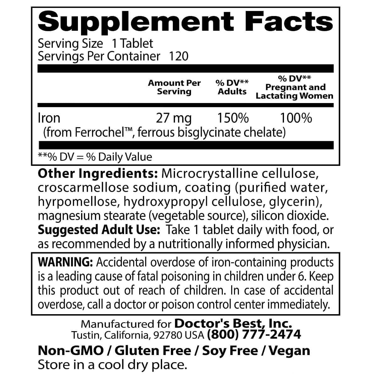 Doctor's Best High Absorption Iron Supplement with Ferrochel - 27mg per Tablet - 120 Count - Supports Energy & Red Blood Cell Production - Ideal for Anemia & Low Iron Levels - Vegetarian Friendly