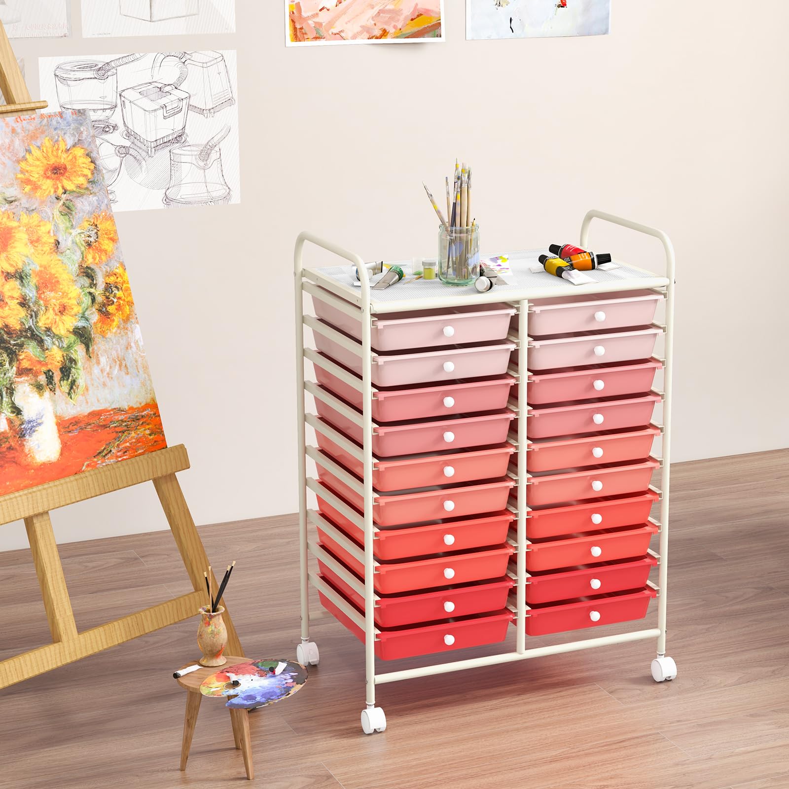 20-Drawer Rolling Storage Cart with Lockable Wheels - Multicolor 20-Tier Organizer for Files, Office Supplies & Debris - Perfect for Office, School & Home Organization - Gradient Pink Design