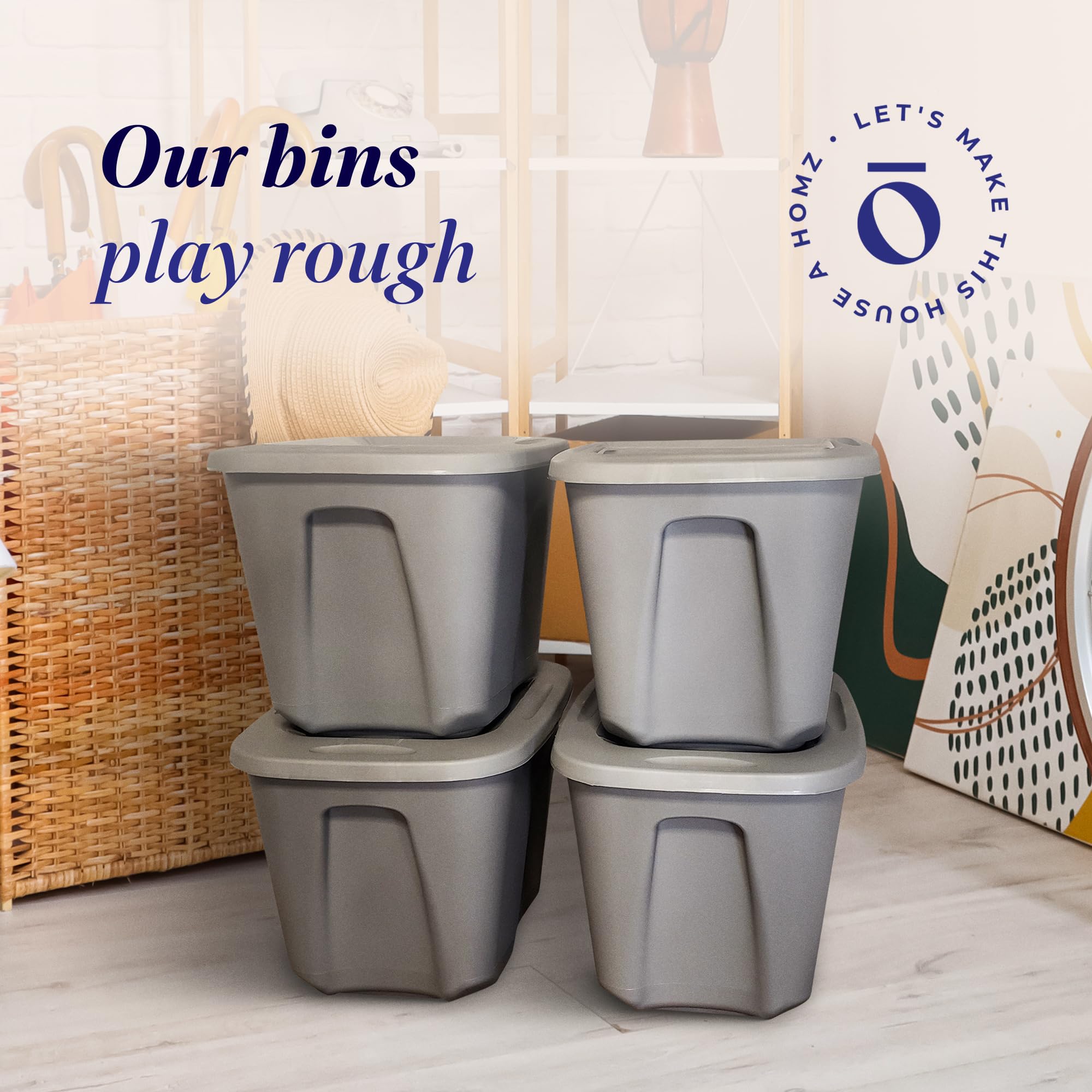 HOMZ 4-Pack Heavy Duty Plastic Storage Bins - 10 Gallon Home Organization Containers - Titanium Silver - Perfect for Closet, Pantry, Garage & Toy Storage