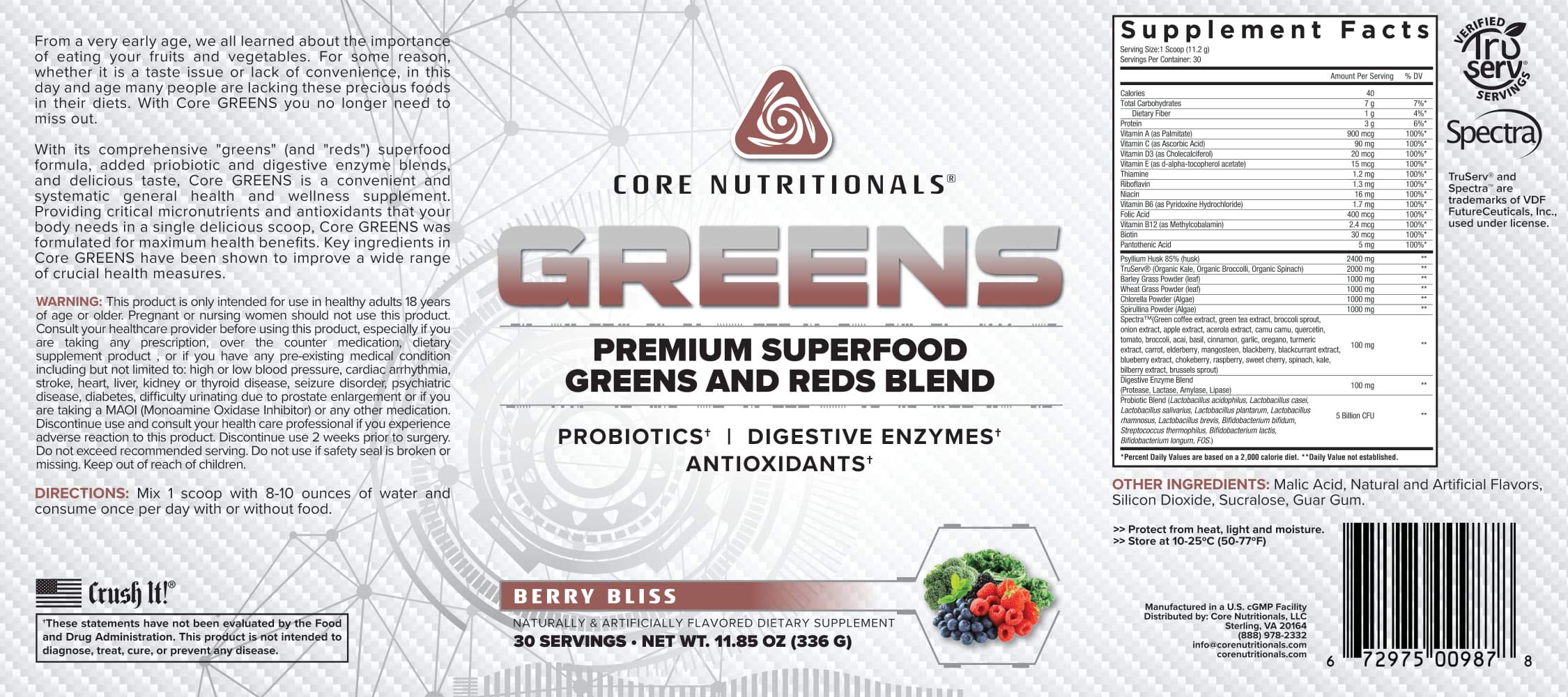Core Nutritionals Greens Platinum Premium Superfood Greens and Reds Blend - Berry Flavor | 30 Servings with 5 Billion CFU Probiotics | Supports Digestion, Gut Health & Immunity | Perfect for Daily Wellness Routine, Post-Workout Recovery & Busy Lifestyles