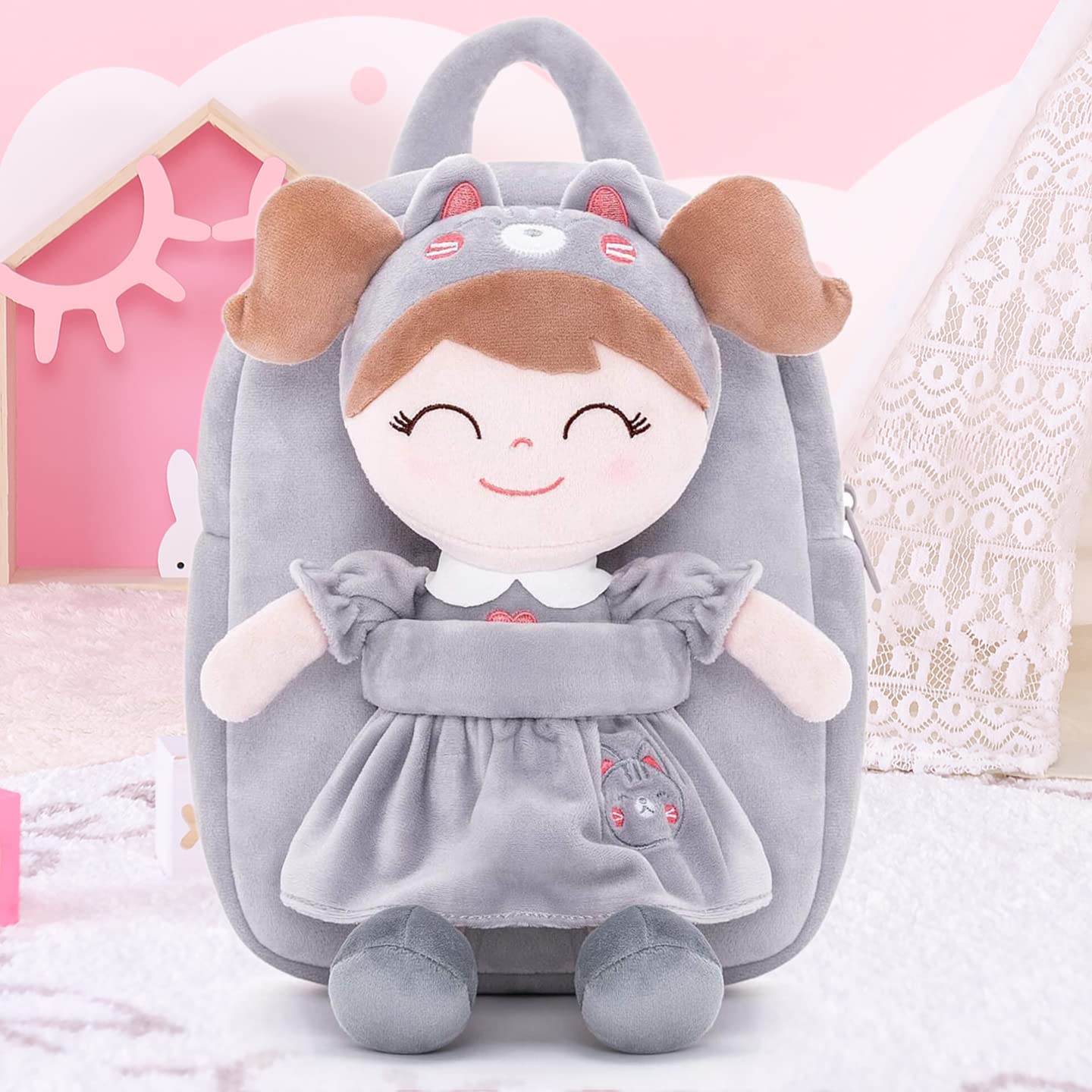Gloveleya Soft Plush Cat Backpack for Toddlers - Gray Cute Plush Doll Carrier | Perfect for Travel, School & Outdoor Adventures