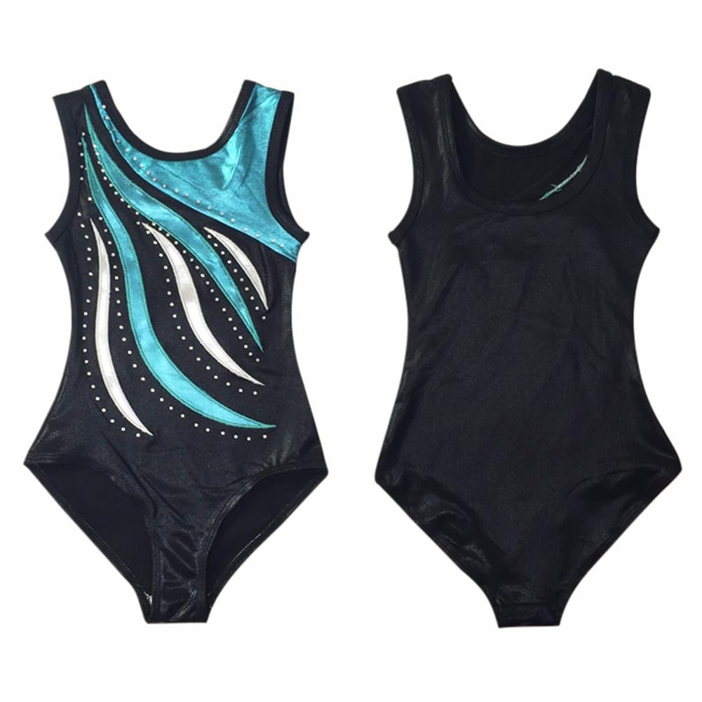 ESHOO Girls' Gymnastics Leotard - Sparkling Diamond Embroidered Striped Ballet Leotard for Dance & Performance | Perfect for Gymnastics, Ballet Practice, and Dance Competitions