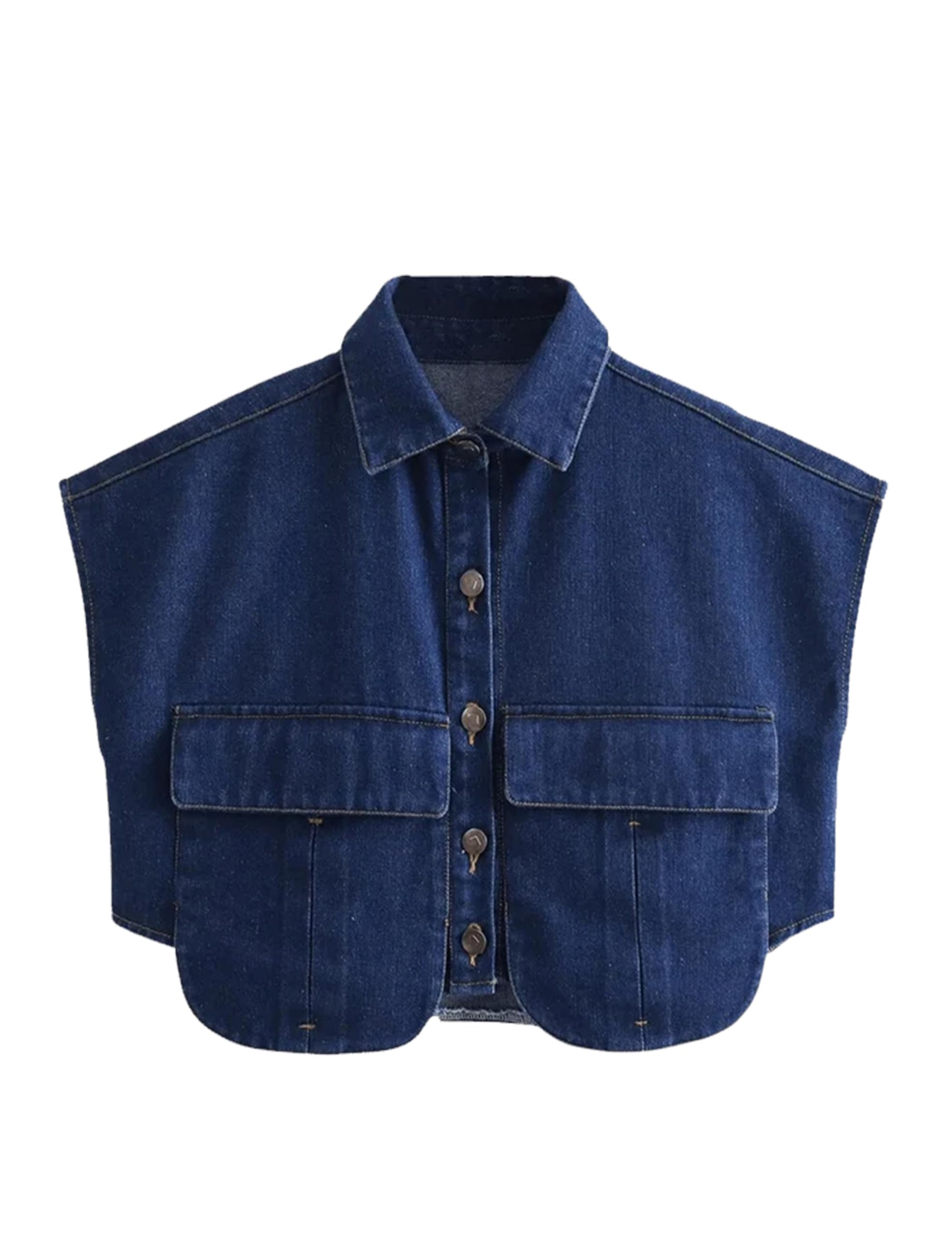 Women's Cropped Denim Jacket - Cap Sleeve Button Down Shirt with Pockets & Lapel Collar | Casual Streetwear, Spring/Summer Fashion, Outfit Layering Essential