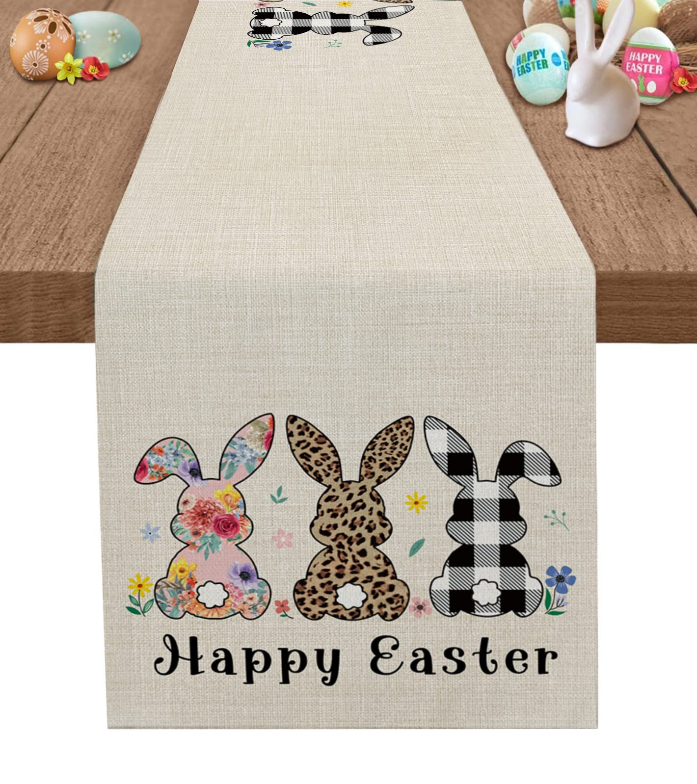 Easter Bunny Table Runner - 18x72 Inch Cute Rabbit Leopard Stripe Spring Floral Decorative Tablecloth for Easter Day Dinner, Kitchen, Dining Room & Party Decor - Perfect for Spring Celebrations, Holiday Gatherings and Festive Home Decorations