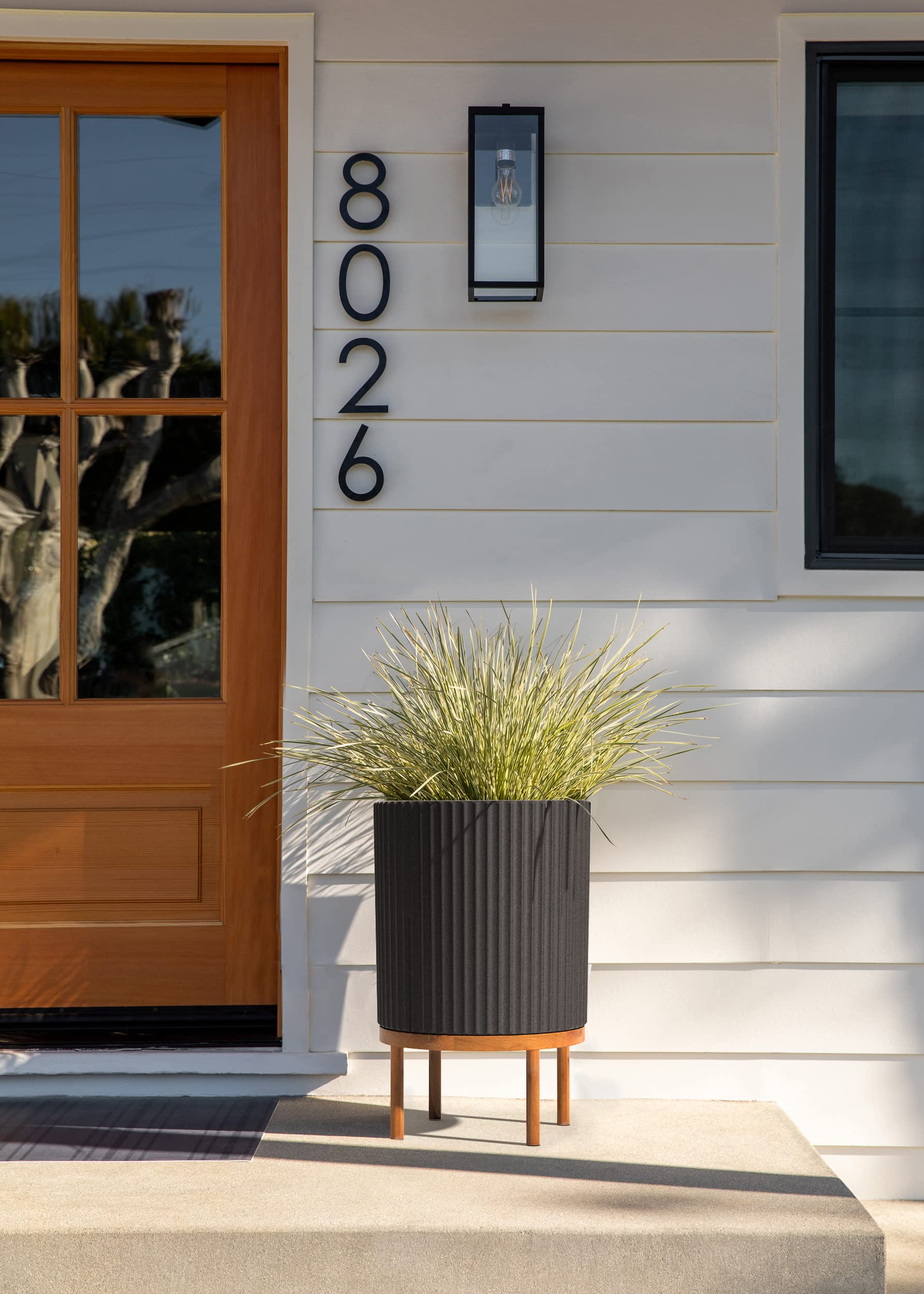 Veradek Demi Series Round Planter with Stand - Durable Plastic Concrete & Wooden Planter Box for Porch, Patio, Garden - Modern Tall Plant Decor for Flowers, Succulents, Indoor and Outdoor Use