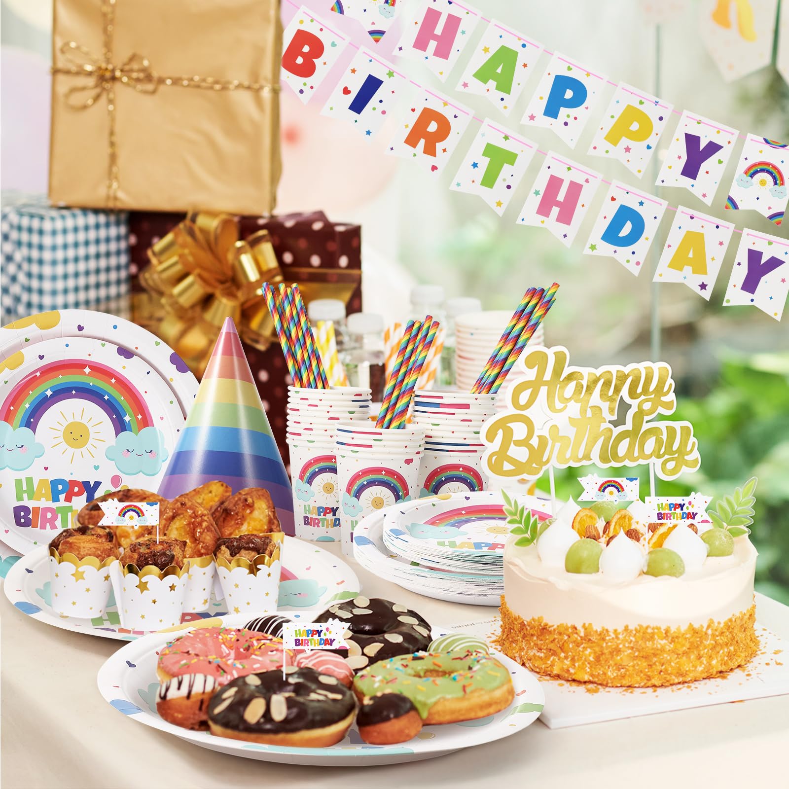 GARVEE 151-Piece Disposable Birthday Party Dinnerware Set - Rainbow Color Paper Plates, Cups & Napkins - Halloween Tableware for 25 Guests - Perfect for Birthday Celebrations, Baby Showers & Holiday Parties