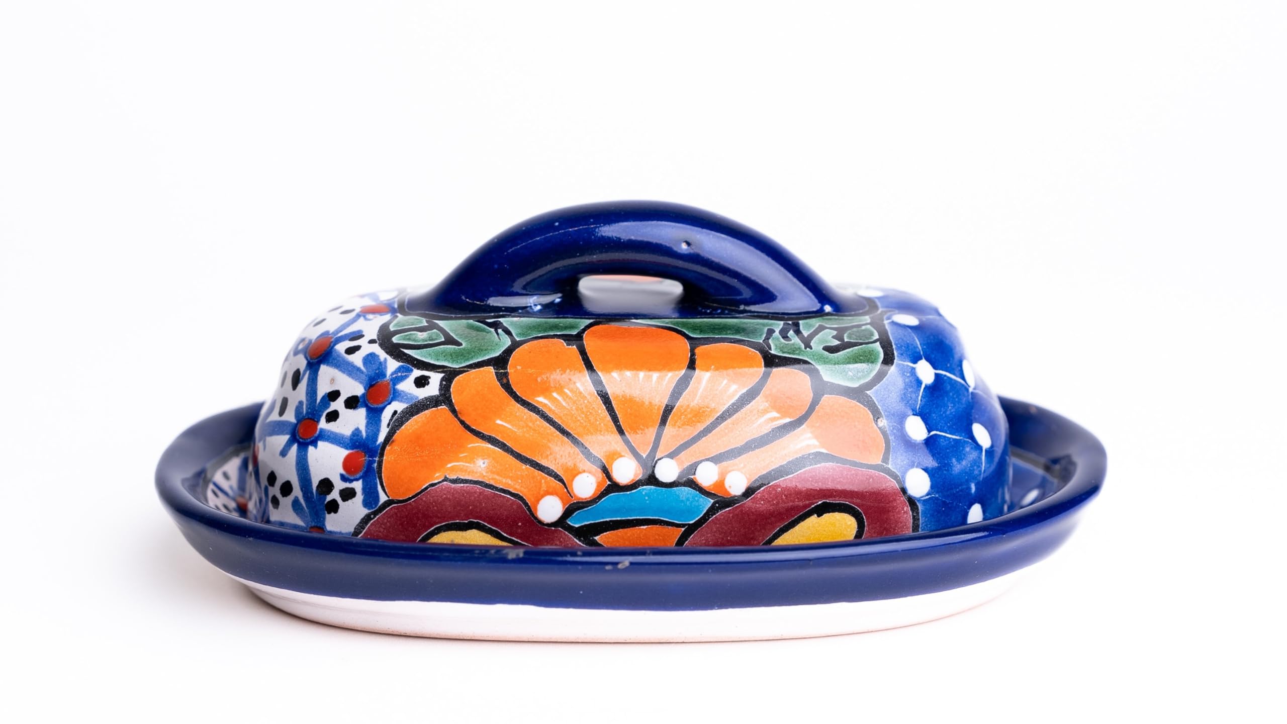 Hand-Painted Authentic Mexican Talavera Ceramic Butter Dish with Lid - Floral Design Kitchen Decor for Dining Table & Breakfast Buffet (Blue)