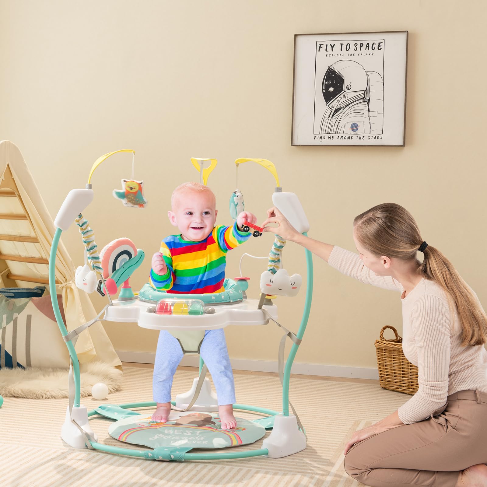HONEY JOY Baby Bouncer Activity Center - 360° Rotating Jumper Seat with Music, Lights & Developmental Toys for Infants 6+ Months | 3 Height Adjustments, Removable Play Mat | Perfect for Playtime, Learning & Indoor Entertainment (Blue)