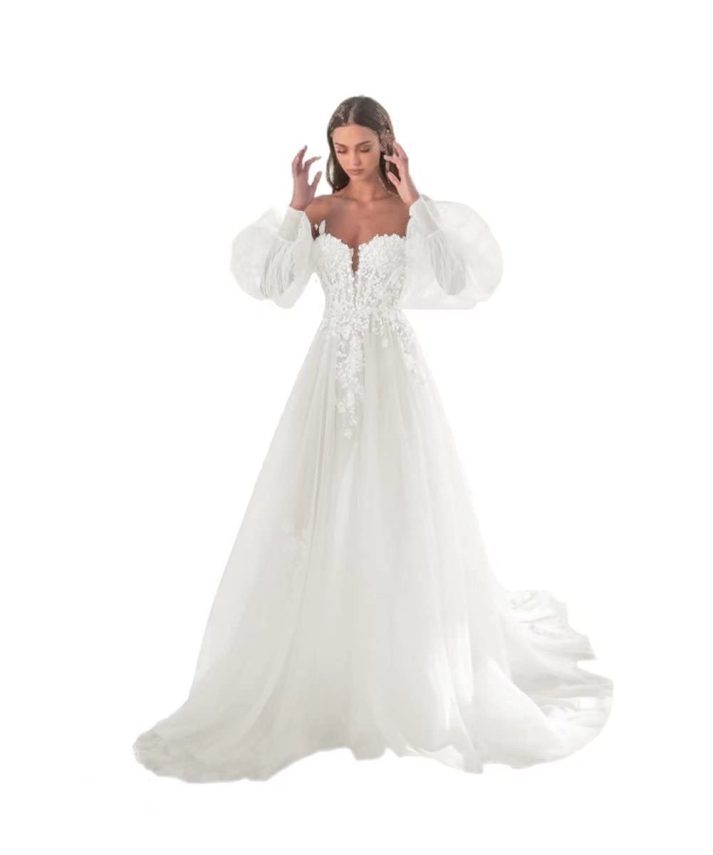 Elegant Off Shoulder Lace Wedding Dress 2024 - Satin Long Sleeve A-Line Bridal Gown for Women - Perfect for Beach, Church and Formal Weddings
