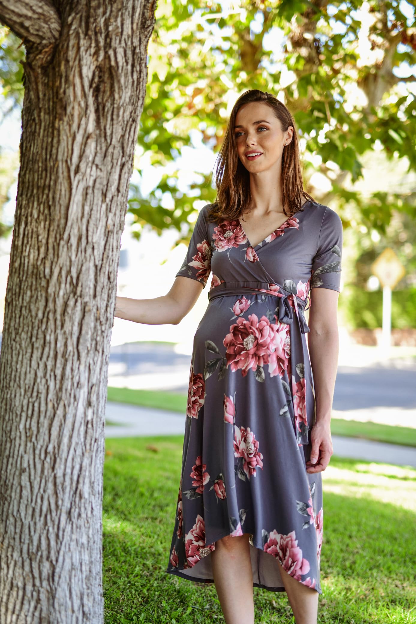 Maternity Wrap Dress for Women - Mid-Length with Adjustable Waist Belt | Comfortable & Stylish Pregnancy Outfit for Work, Parties & Casual Wear