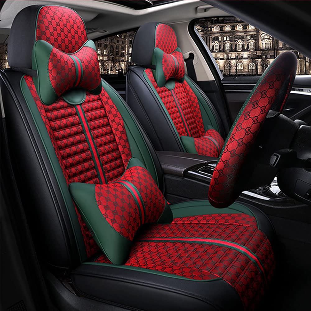 Luxury 5-Seat Universal Car Seat Covers Full Set - All Weather Protection Cushion with Pillow for 97% Car Models | Perfect for SUVs, Sedans & Trucks | Red Auto Accessories for Comfort & Style