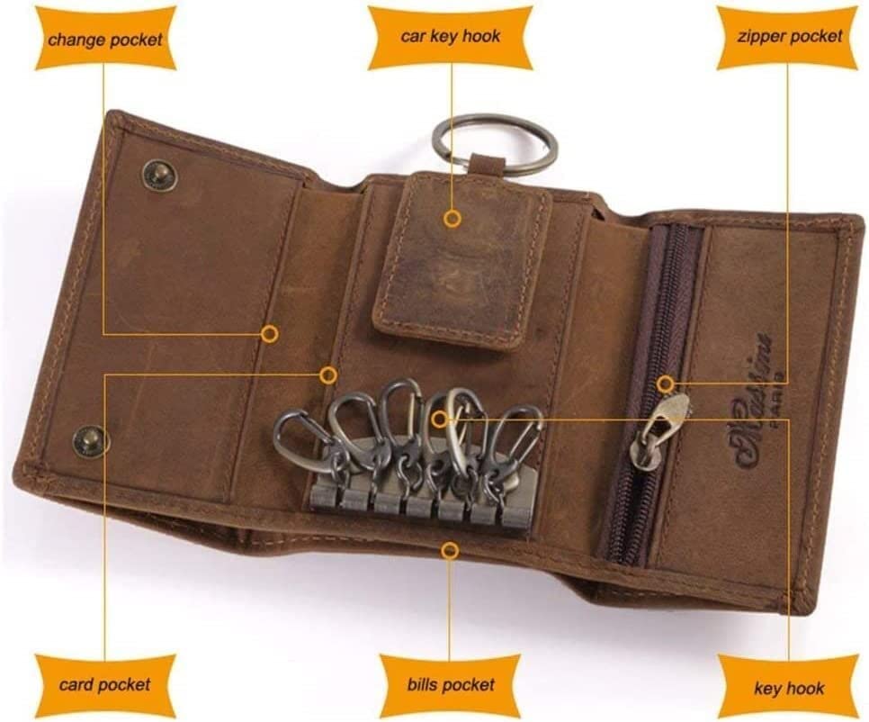 Premium Leather Key Holder Wallet with 6 Hooks & Car Key Hook - Organizer for Men & Women (Brown) - Perfect for Home, Office & Travel Key Organization