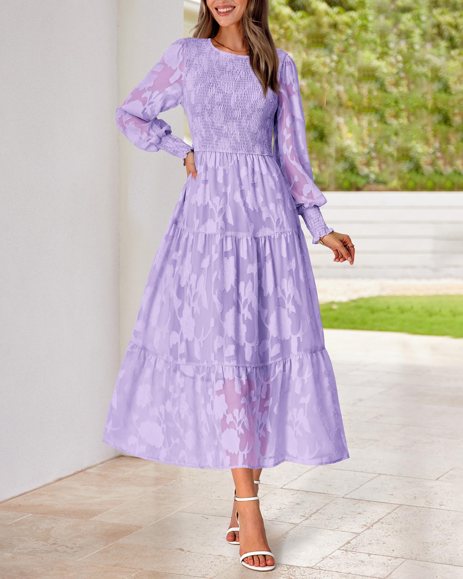 BTFBM Women's Elegant Floral Midi Dress - Long Sleeve Bohemian Wedding Guest Dress for Spring 2025 | Perfect for Garden Parties, Bridal Showers & Formal Events