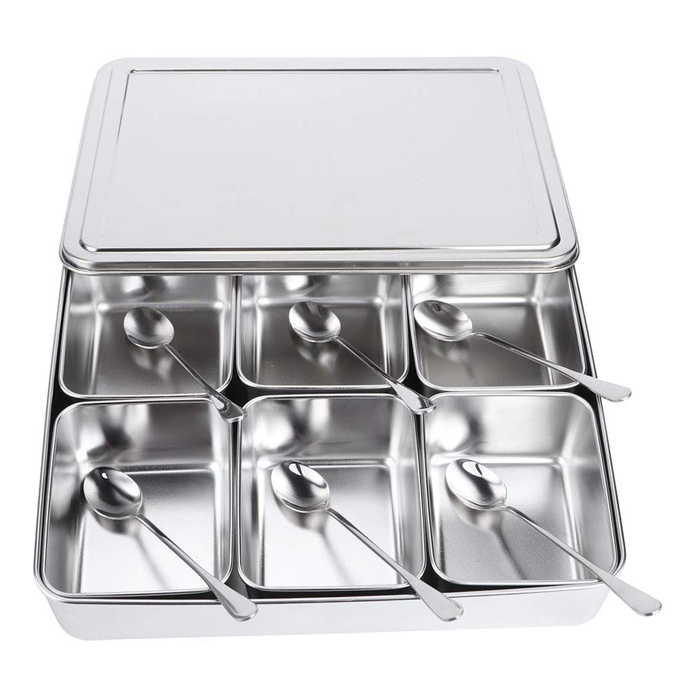 6-Grid Stainless Steel Spice Organizer Set with Spoons - Airtight Condiment Jars for Salt, Sugar & Seasoning Storage - Perfect for Kitchen Countertop, Pantry Organization & Cooking Essentials
