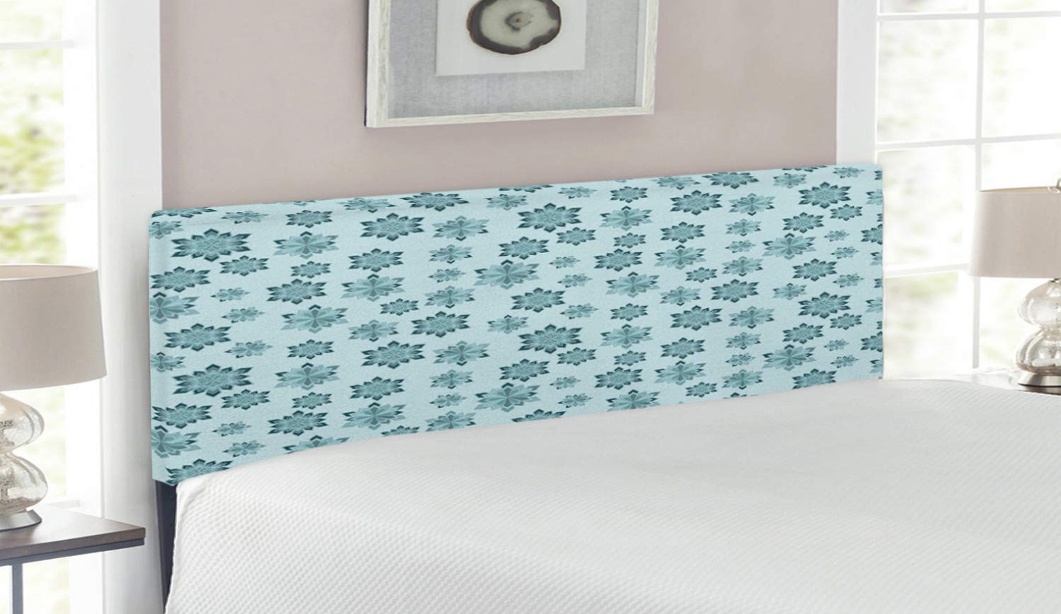 Ambesonne Teal Upholstered Queen Headboard - Winter Snowflake Design in Pale Blue, Teal & Grey | Memory Foam Decorative Metal Bed Frame for Christmas Bedroom Decor | Perfect for Guest Rooms, Master Bedrooms & Holiday Styling