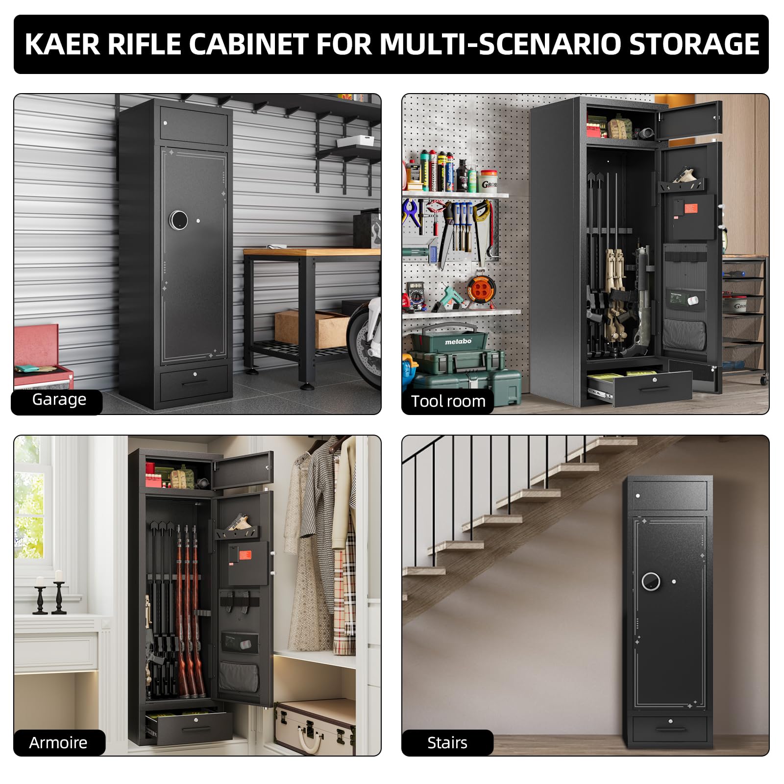 KAER 10-15 Gun Safe - Large Capacity Rifle & Pistol Safe with Handgun Rack, Rifle Rack & Drawer - Heavy Duty Gun Cabinet for Home Security (Unassembled) - Perfect for Shotgun Storage, Firearm Protection & Hunting Gear Organization