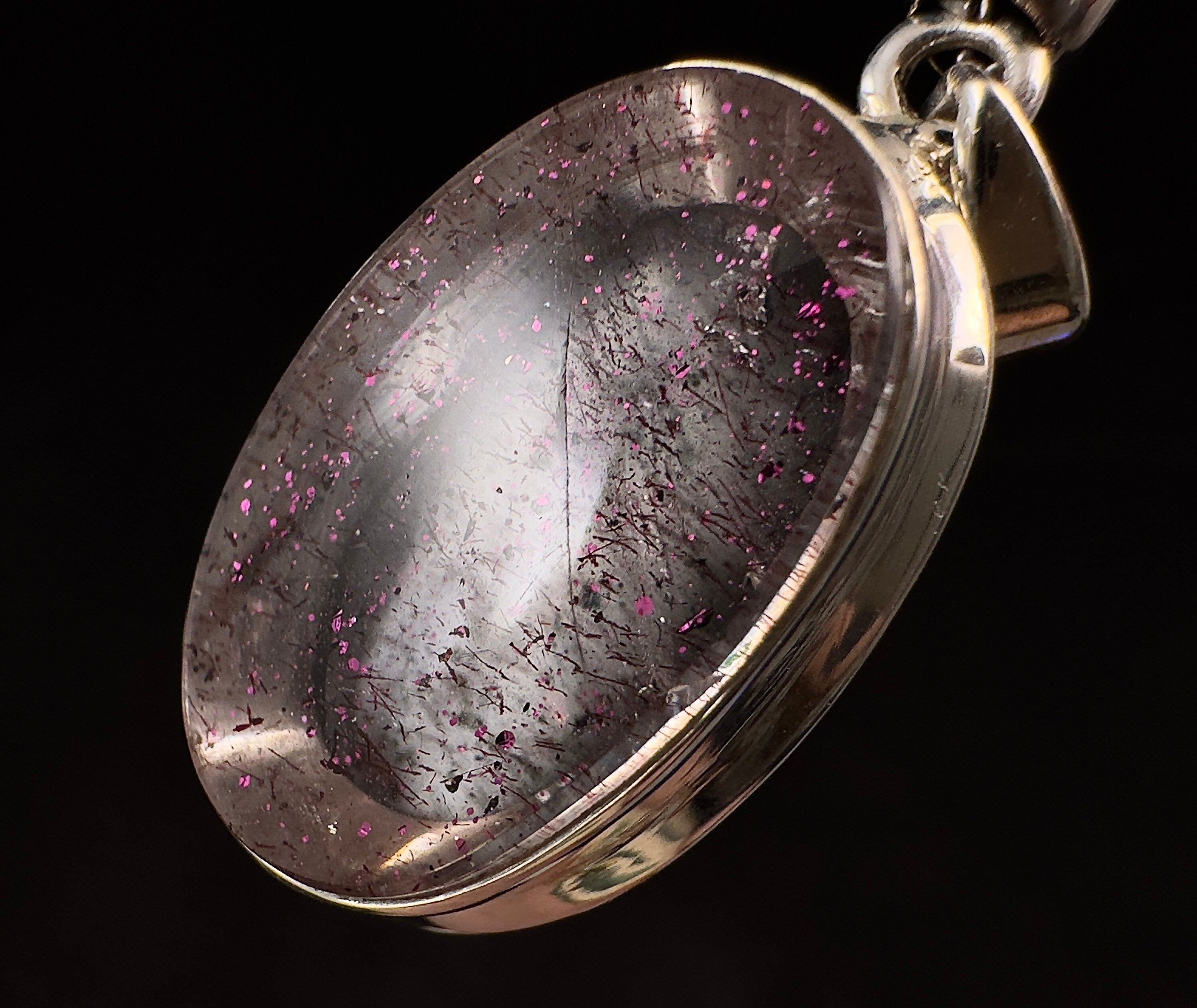 Rare Pink Fire Quartz Crystal Pendant - Covellite Gemstone with Polished Finish in Open Back Sterling Silver Bezel (53862) | Elegant Jewelry for Special Occasions & Spiritual Healing