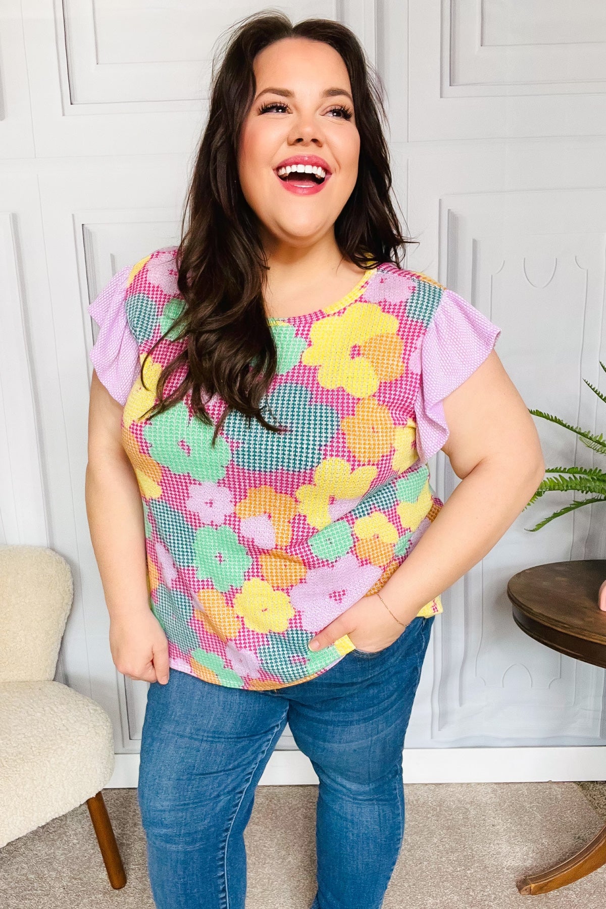 Playful Fuchsia Floral Textured Ruffle Sleeve Top for Women - Trendy Blouse for Casual Outings, Dates & Summer Parties