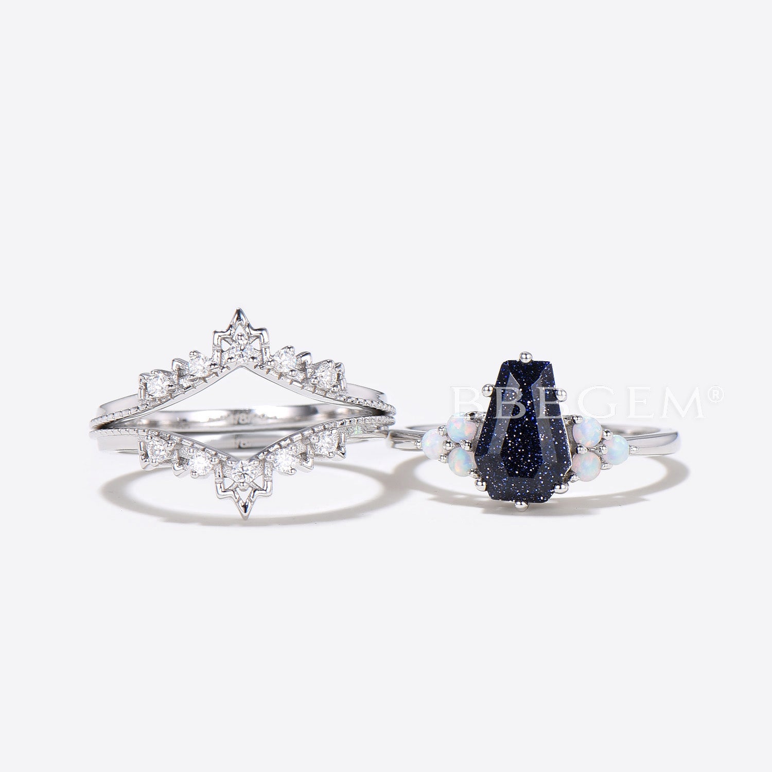 3pcs Blue Sandstone Coffin Engagement Ring - Silver Galaxy Nebula Wedding Band for Women, Perfect for Proposals, Anniversaries & Special Occasions