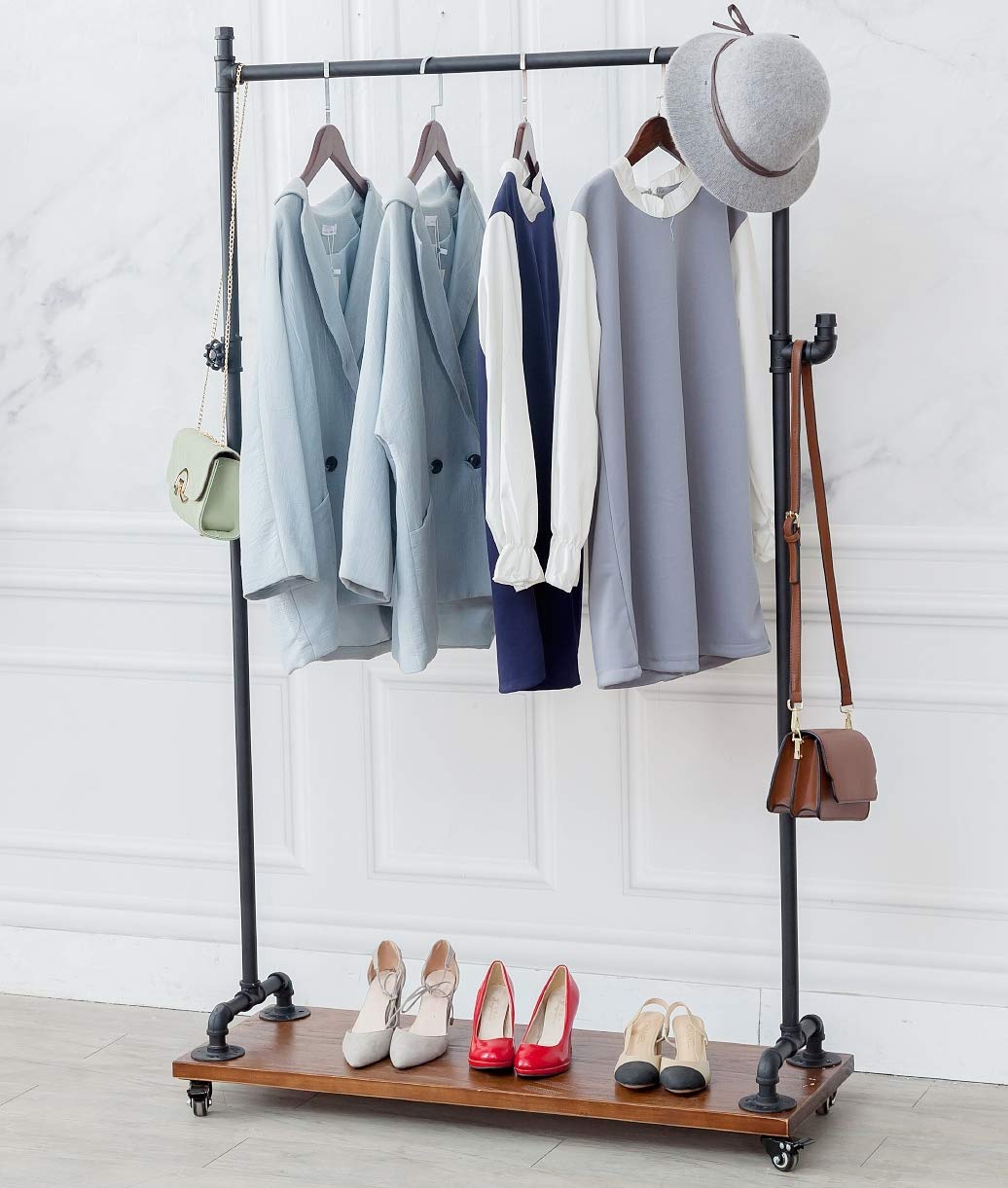 Heavy Duty Industrial Pipe Clothing Rack with Lockable Wheels, Shelves & Shoe Storage - Rolling Garment Rack for Commercial Use, Retail Stores & Home Organization - Durable One-Tier Hall Tree Clothes Rack for Hanging Coats, Dresses & Accessories
